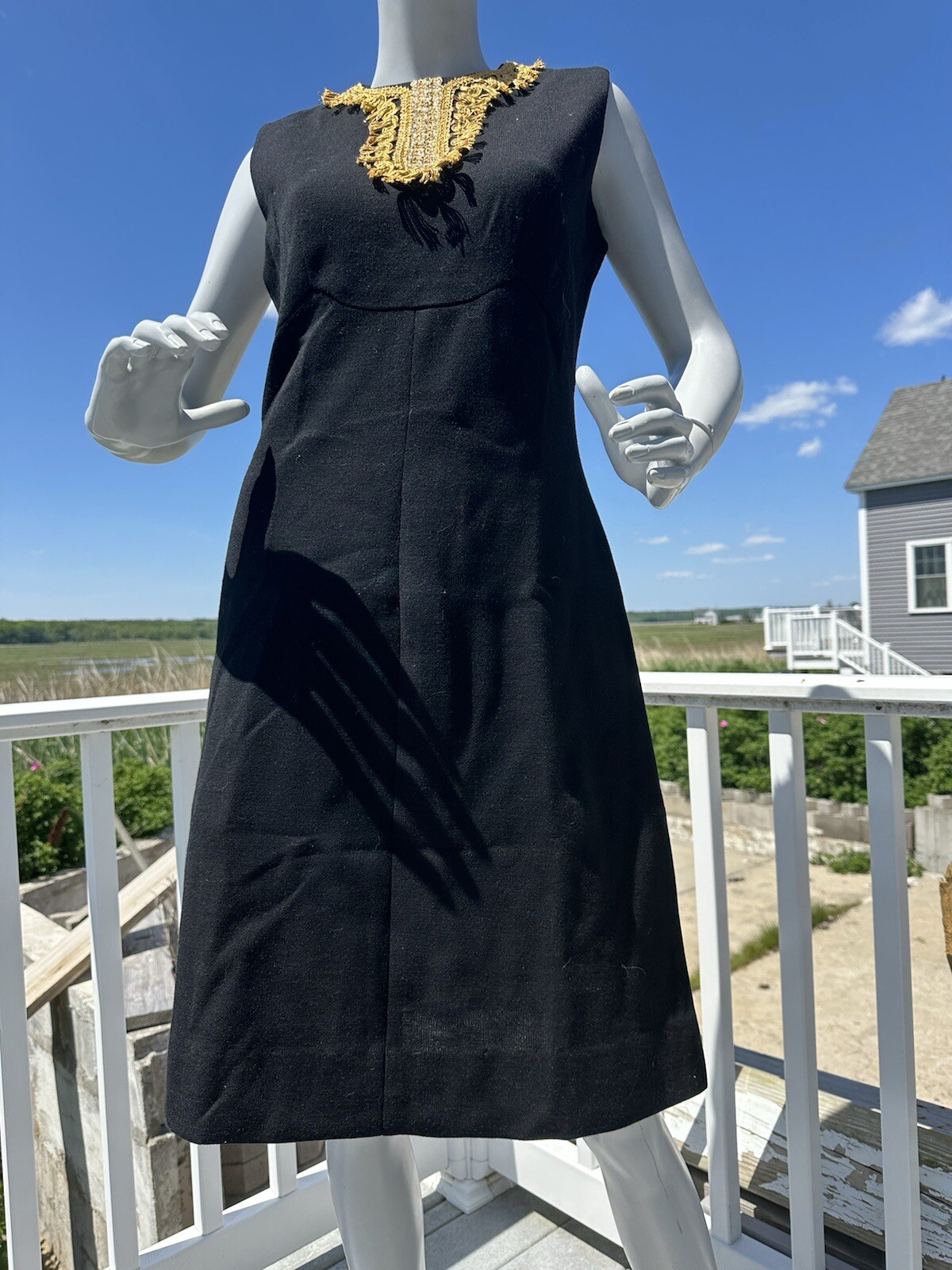 1960s Bleeker Street dress black cocktail shift gold trim 70s size 14 classic