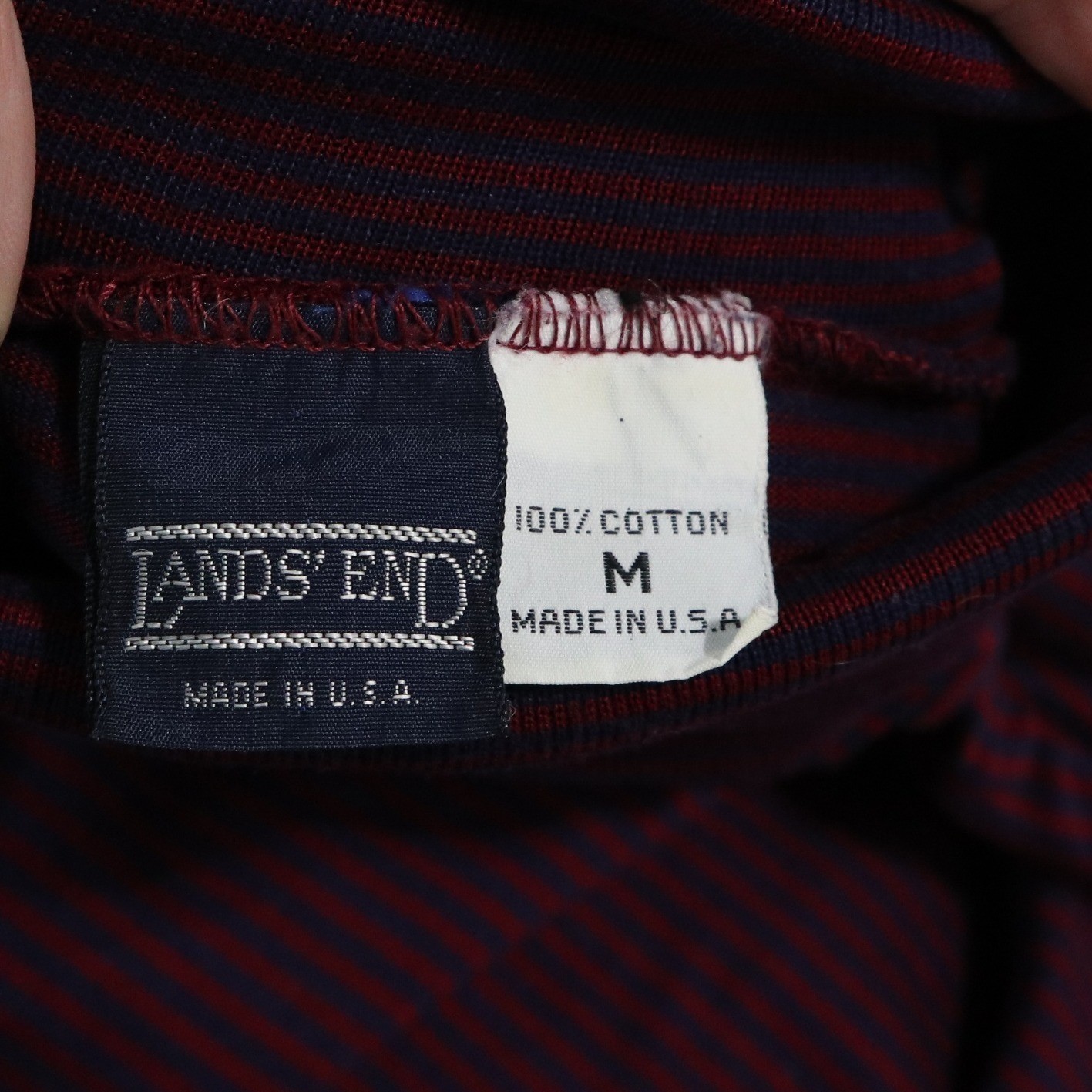 Vintage 90s Lands End Turtleneck M Cotton Red Blue Striped USA Made Normcore