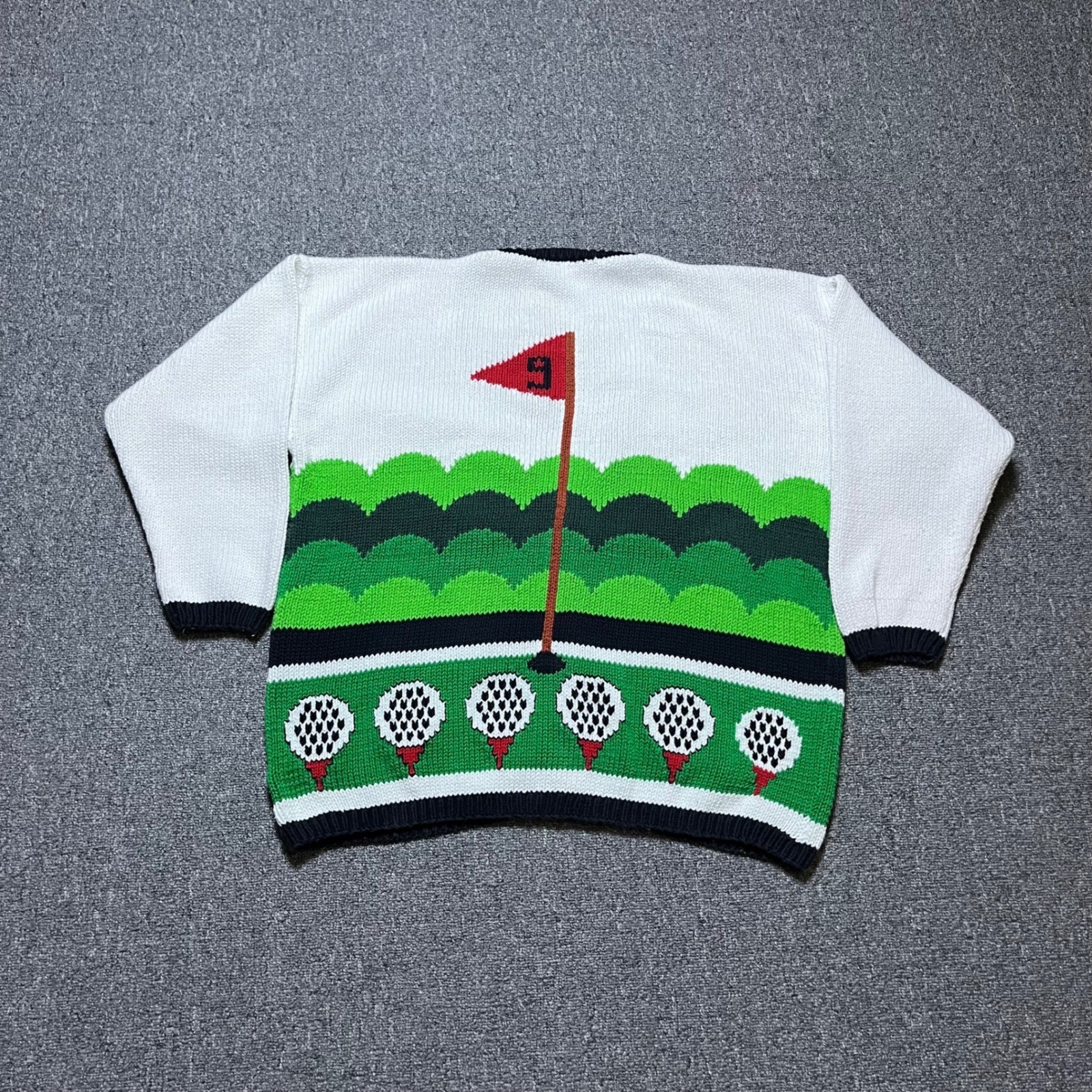 Vintage Andina Golf Cardigan Sweater XL White Green Knit Intarsia Cotton 90s