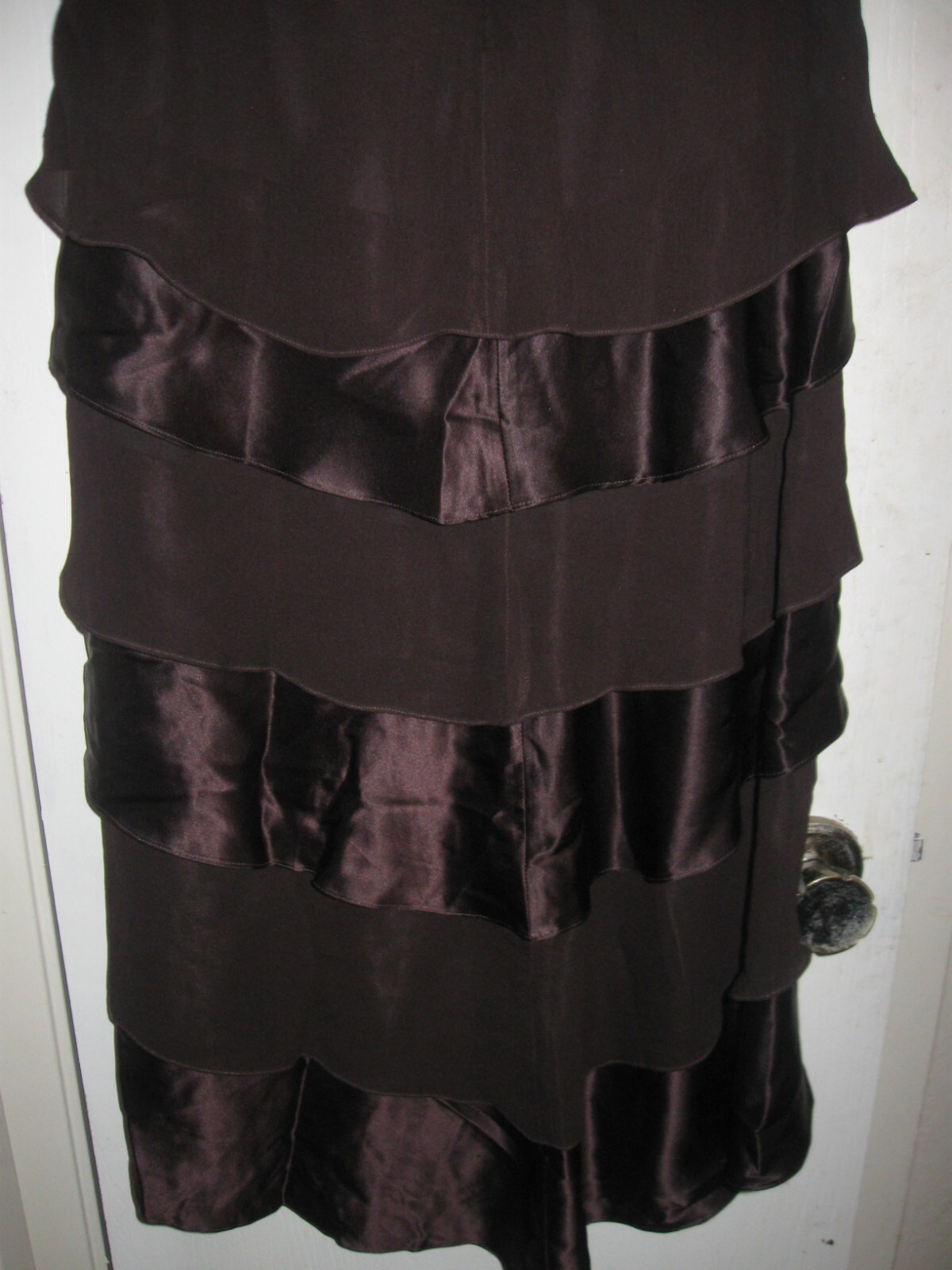 Tadashi Silk Cocktail dress Mocha mermaid hem ruffles Rhinestone Brooch wispy 6