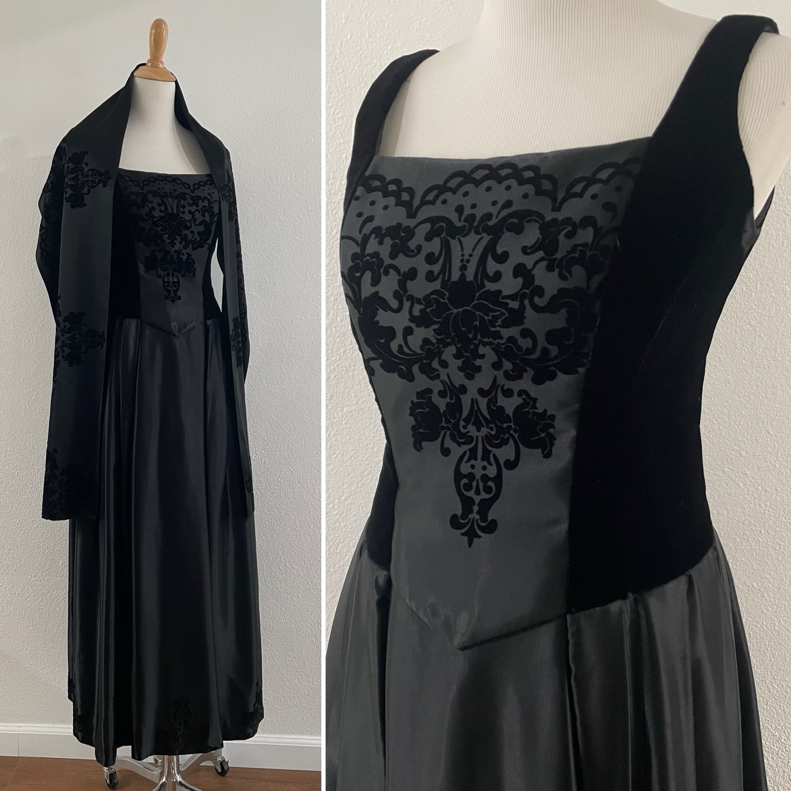 VTG 90s/Y2K Renaissance Style Satin/Velvet Black Maxi Dress Goth Prom Party Sm