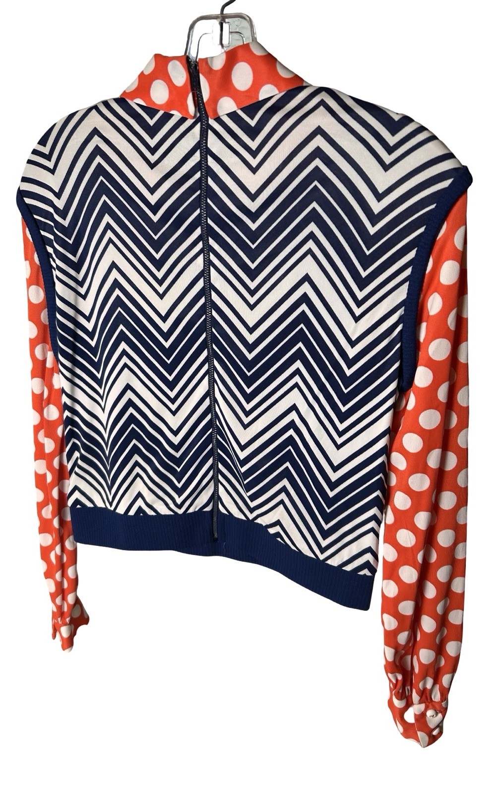 70s Questo of Wilroy Funky Dagger Collar Blouse Sz S/M Orange Polka Dots Chevron