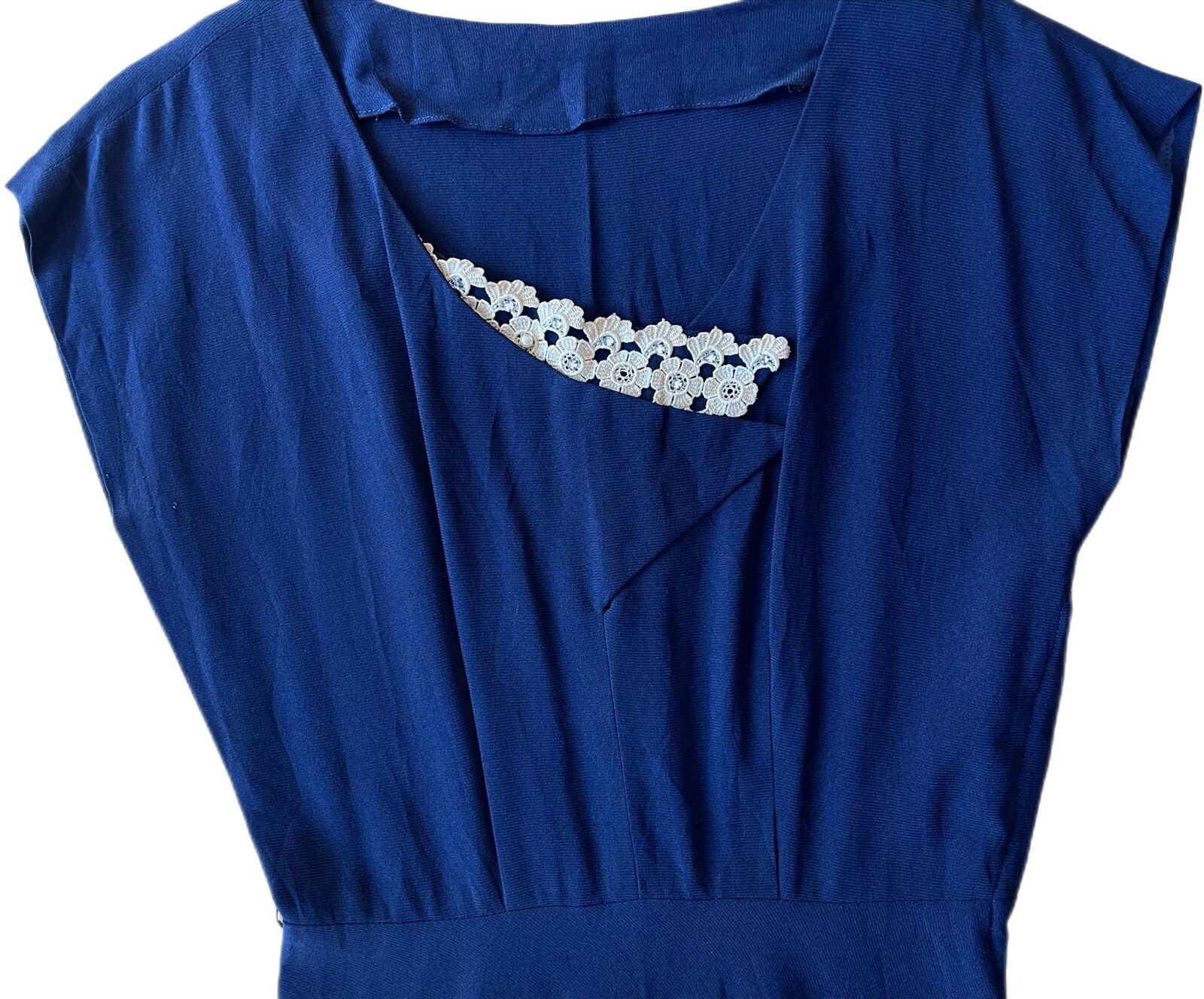 40’s 50’s Navy-Blue Rayon Lace-Beaded Collar Dress Lady Petite Size S/M