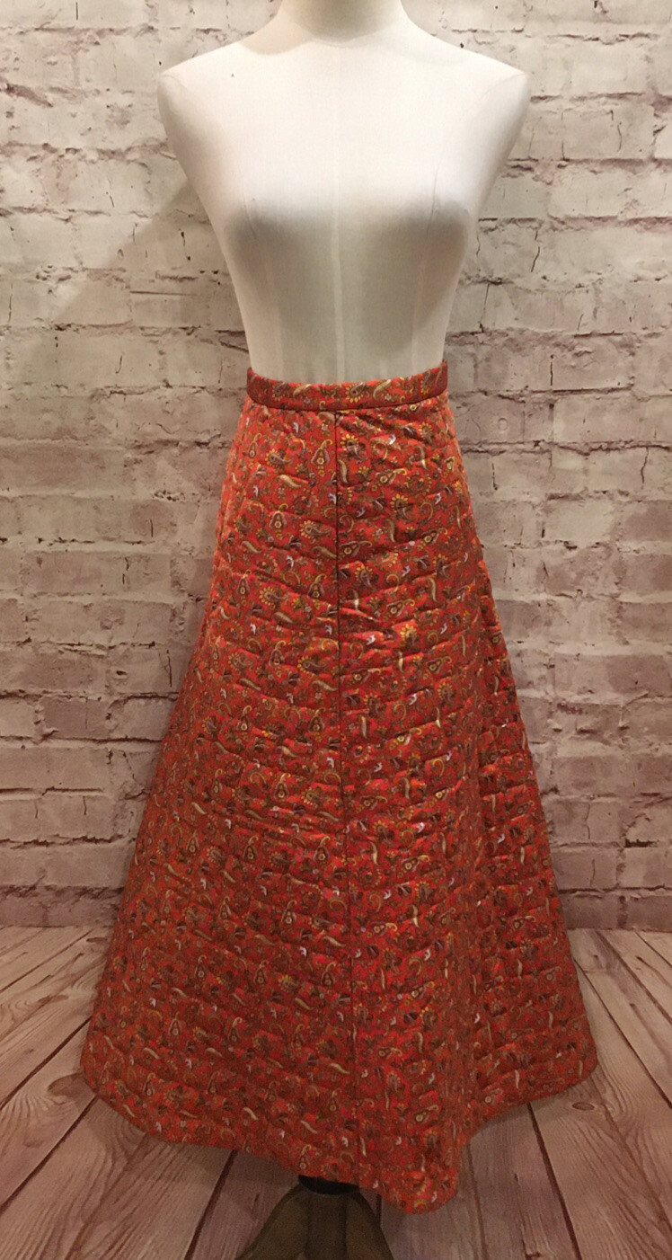 Vintage 60’s 70’s Quilted Paisley Long High Waist A-Line Skirt Hand Made W20”
