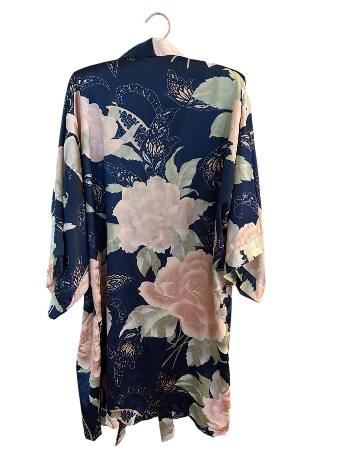 Vintage Satin Shiny Bell Angel Sleeve Kimono Robe Peach/Blush & Blue Floral
