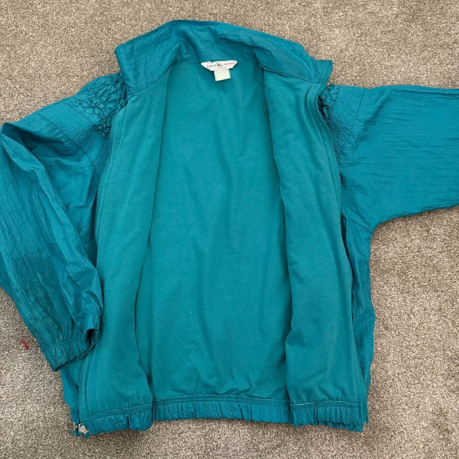 Vintage 1980s Teal Smocked Jacket Retro Sporty Chic Size L to XL