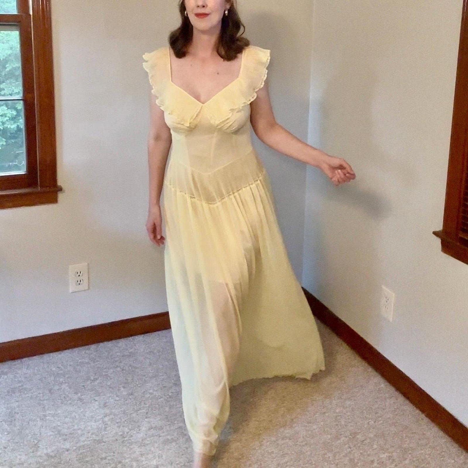 Vintage 70s Vanity Fair Romantic Ethereal Sheer Yellow Slip Dress Size Small