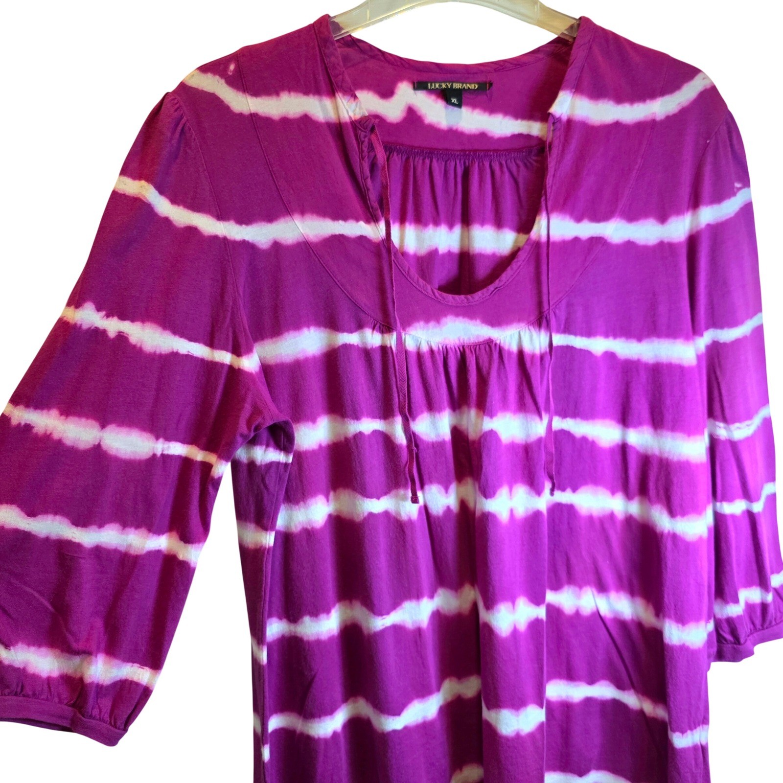 VTG Lucky Brand Tunic Top Tie-Dye Knit Womens XL Purple Magenta Peasant