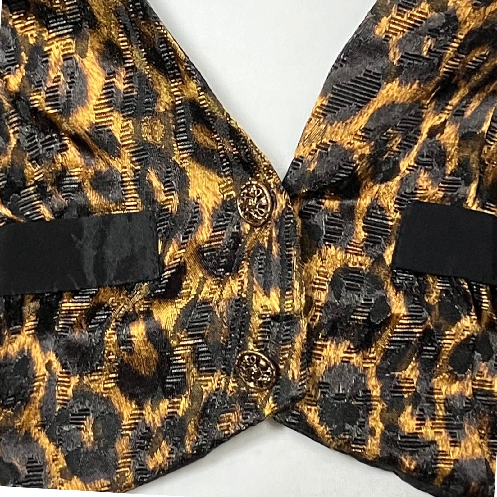 Vintage 80s Leopard Cheetah Cropped Satin Vest Brass Buttons. Retro Funky. S/M.