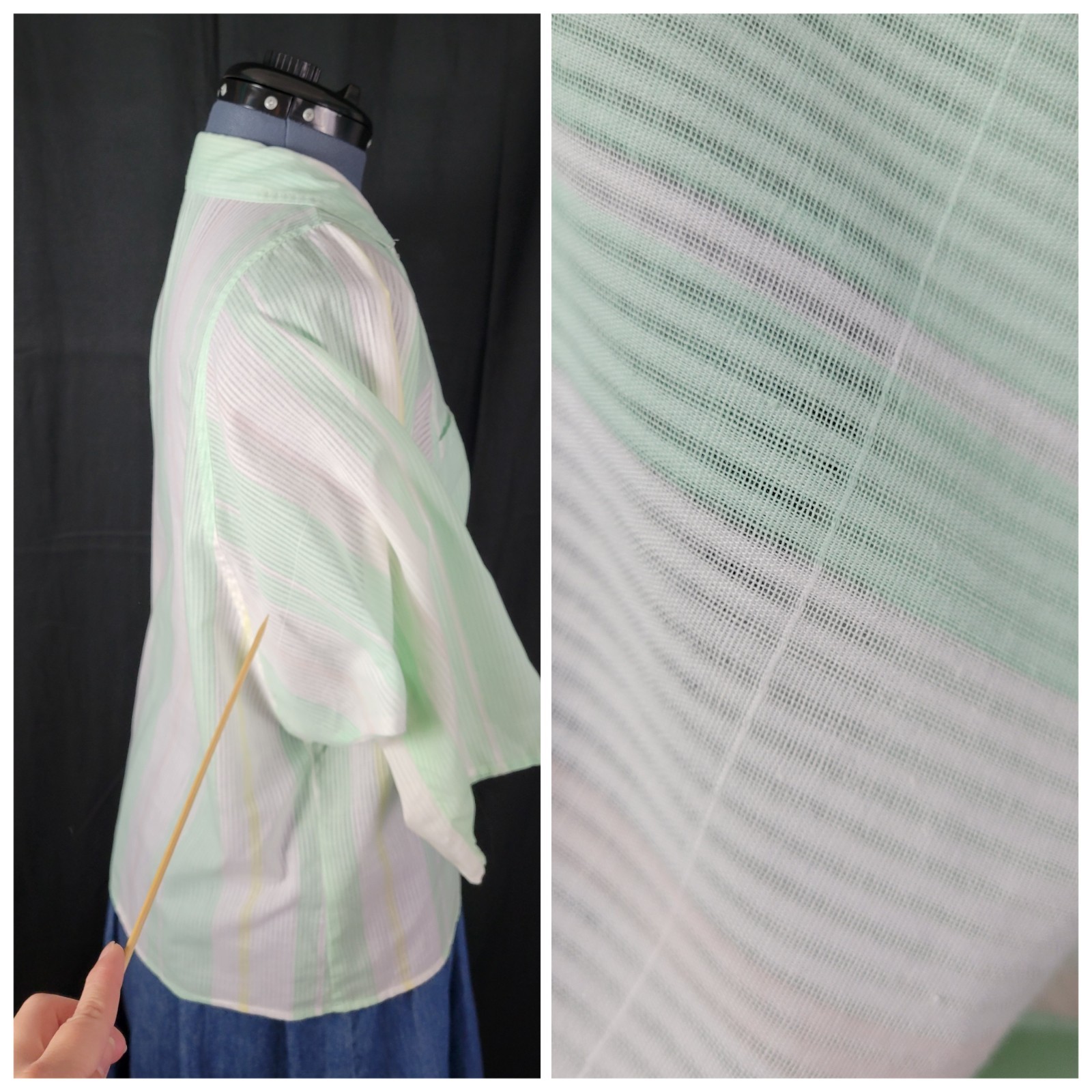 Vintage Cabrais Oversized Mint & White Striped Button Down Shirt Size Large