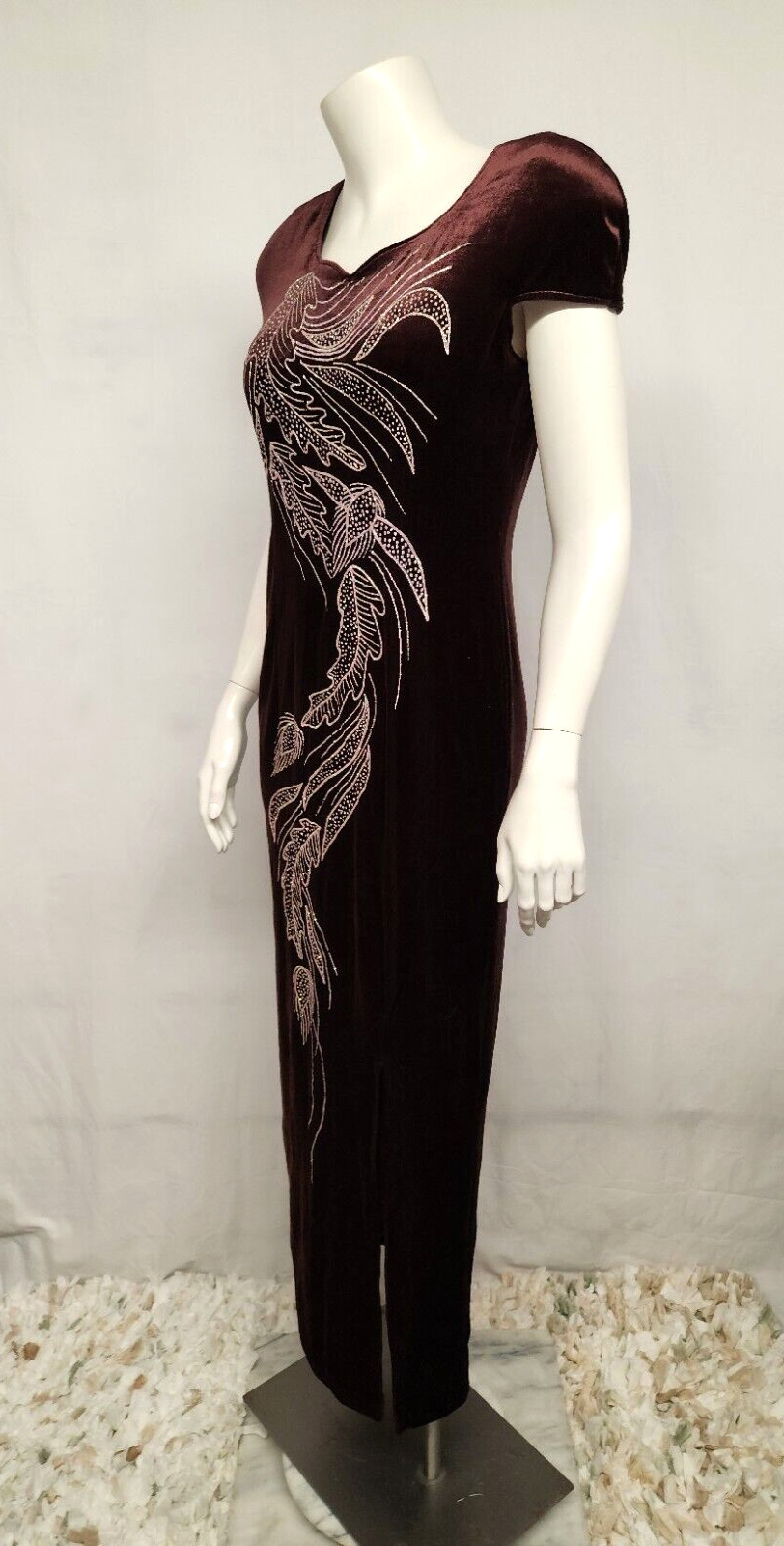 Vintage 90’s Beautiful Brown Velvet Silver Glitter Leaf Design Long Maxi Dress