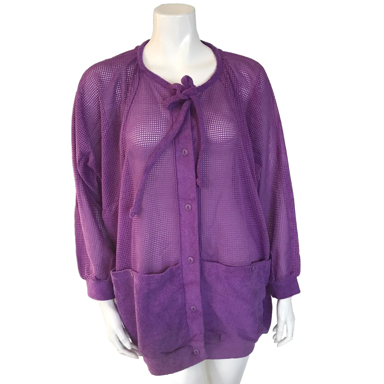 Vintage Gertrude Davenport Purple Mesh Pocketed Terrycloth Blouse Top Size Large