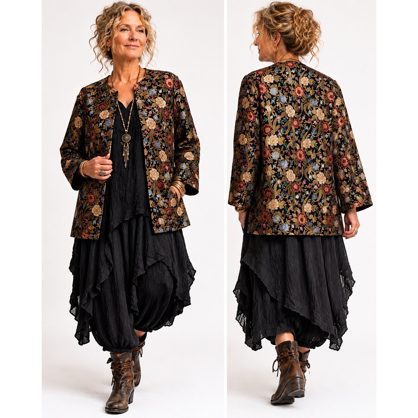 VTG 80s Satin Floral Brocade Jacket Womens M Black Gold Boho Chic Regency Whimsy