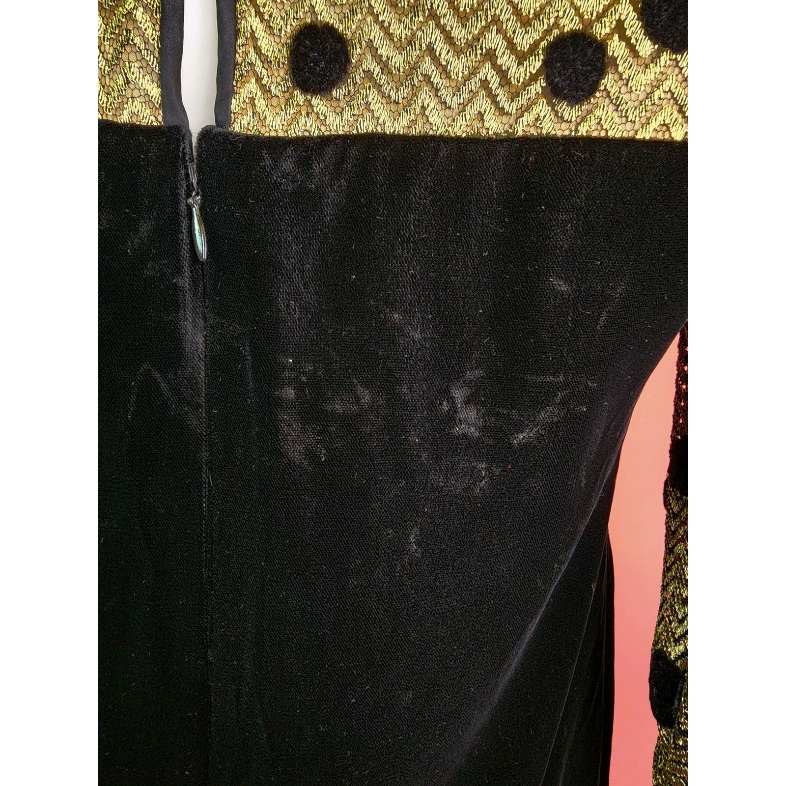 Vintage 1980’s Black Velvet Metallic Gold Polka Dot Long Sleeve Cocktail Dress