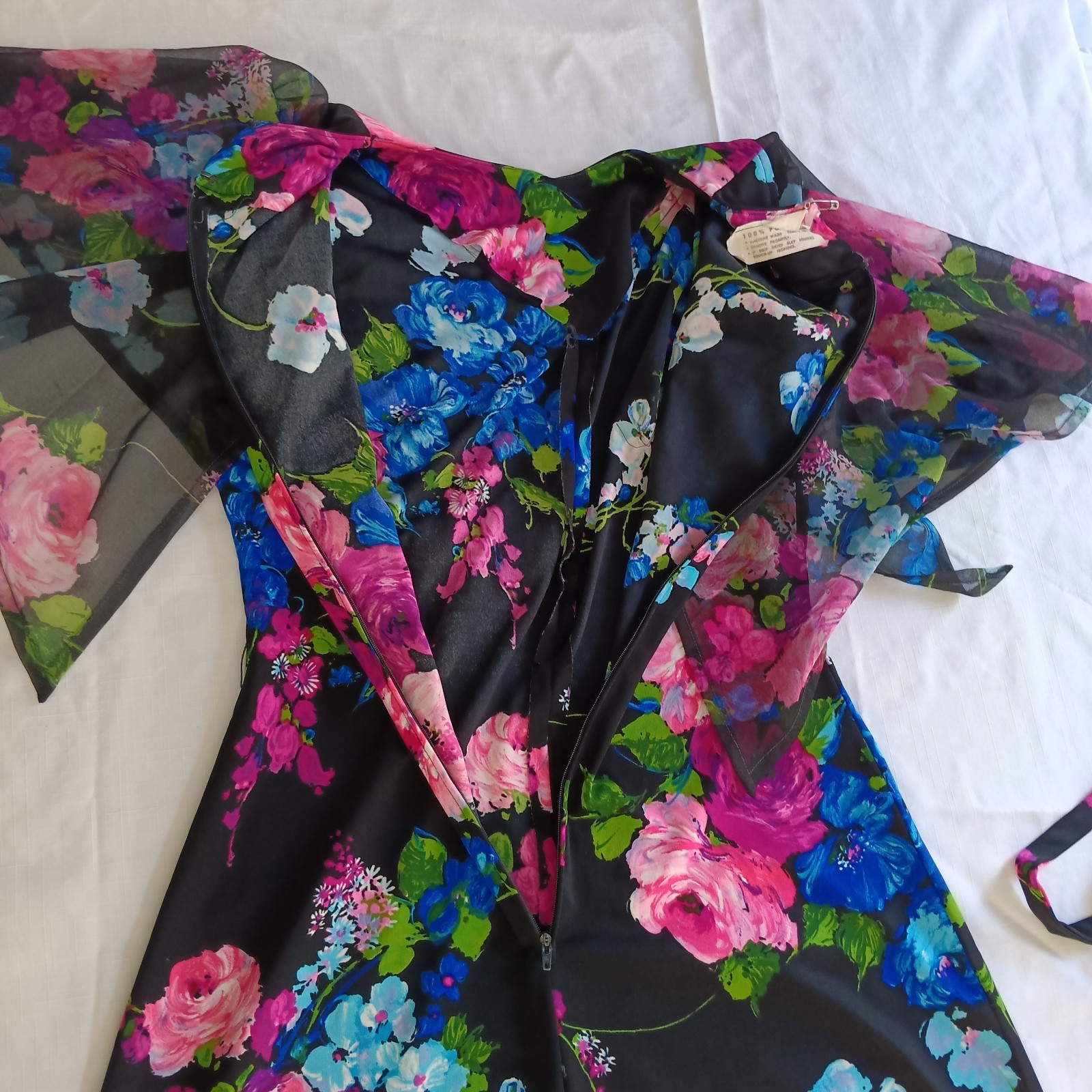 Vintage Floral Cape Sleeve Secretary Dress Black Pink Blue Chiffon Belted Sheer