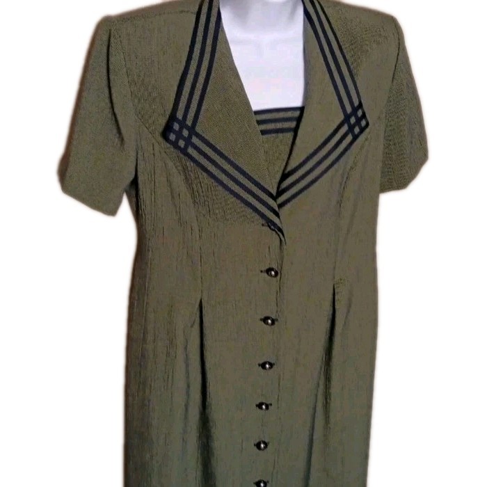 Academia Olive Green Button-Down Maxi Dress Edwardian Victorian Vintage 12P