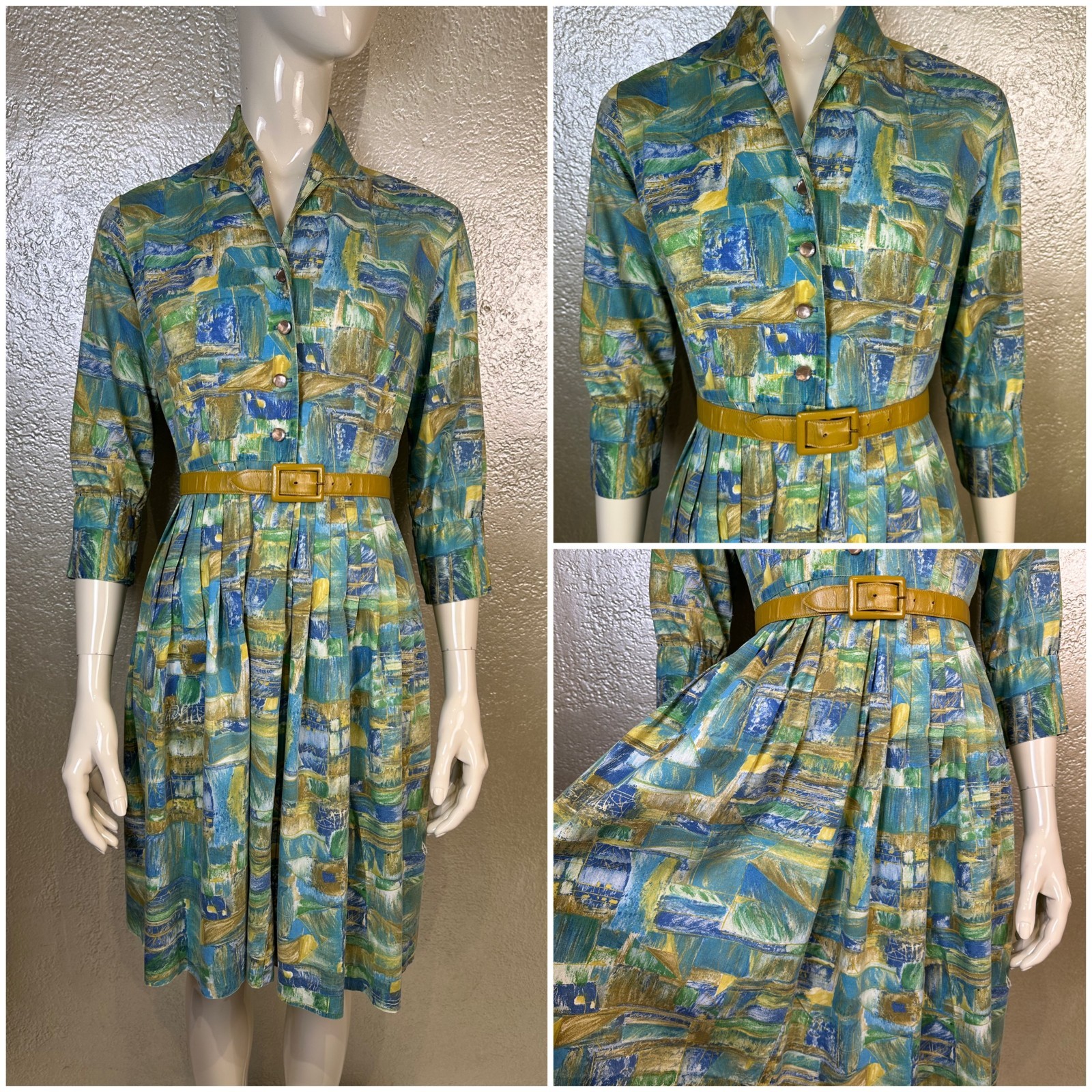 Vintage 1950s Ladies Handmade Blue Green Gold Cotton Dress ¾” Sleeves M/L MCM