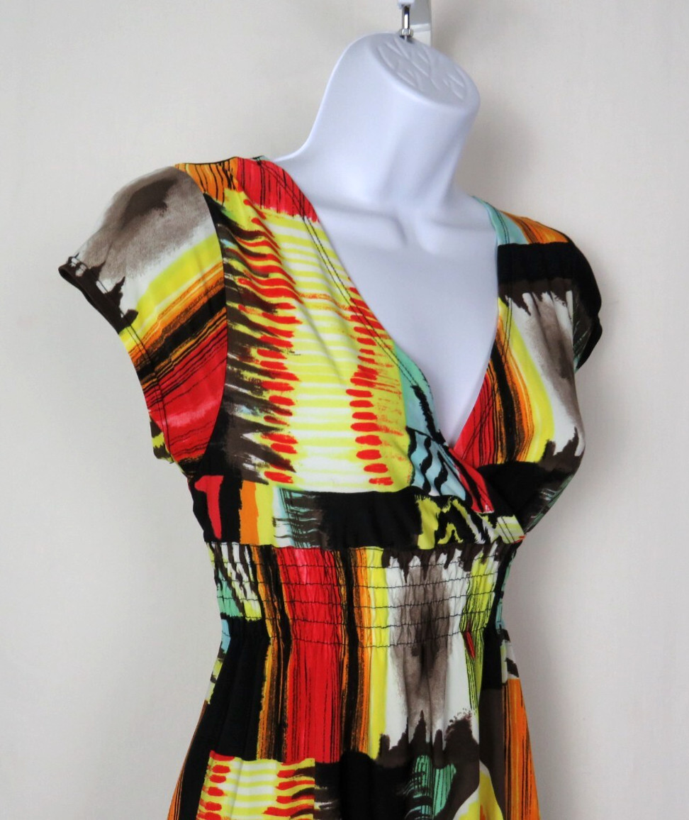 VTG 1990s MOD ABSTRACT COLOR BLOCK STRETCH DRESS OVERLAP BUST 30″ to 36″