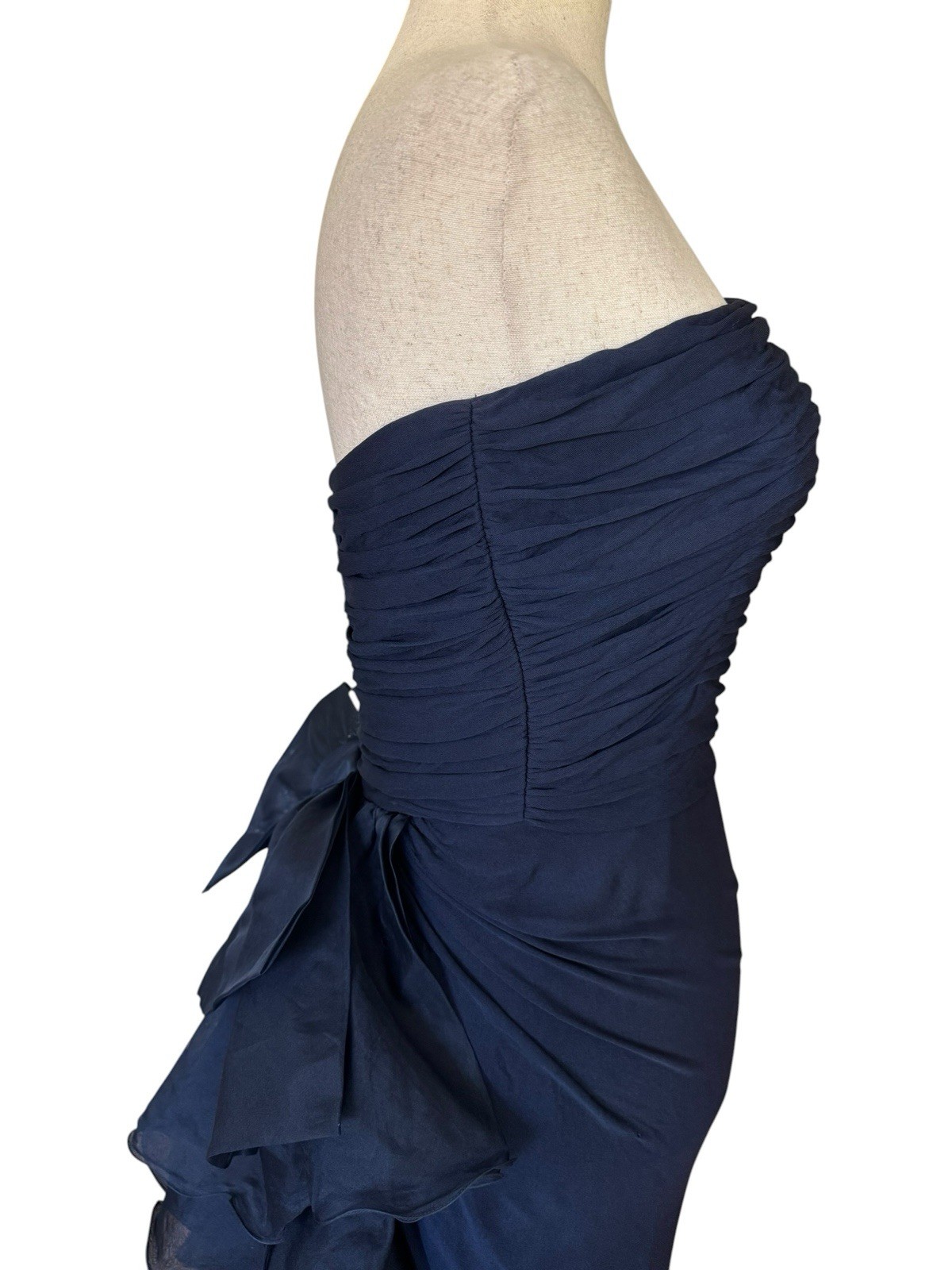 Vintage 70s 80s Jill Richards Strapless Navy Ruffle Bow Maxi Evening Dress Gown