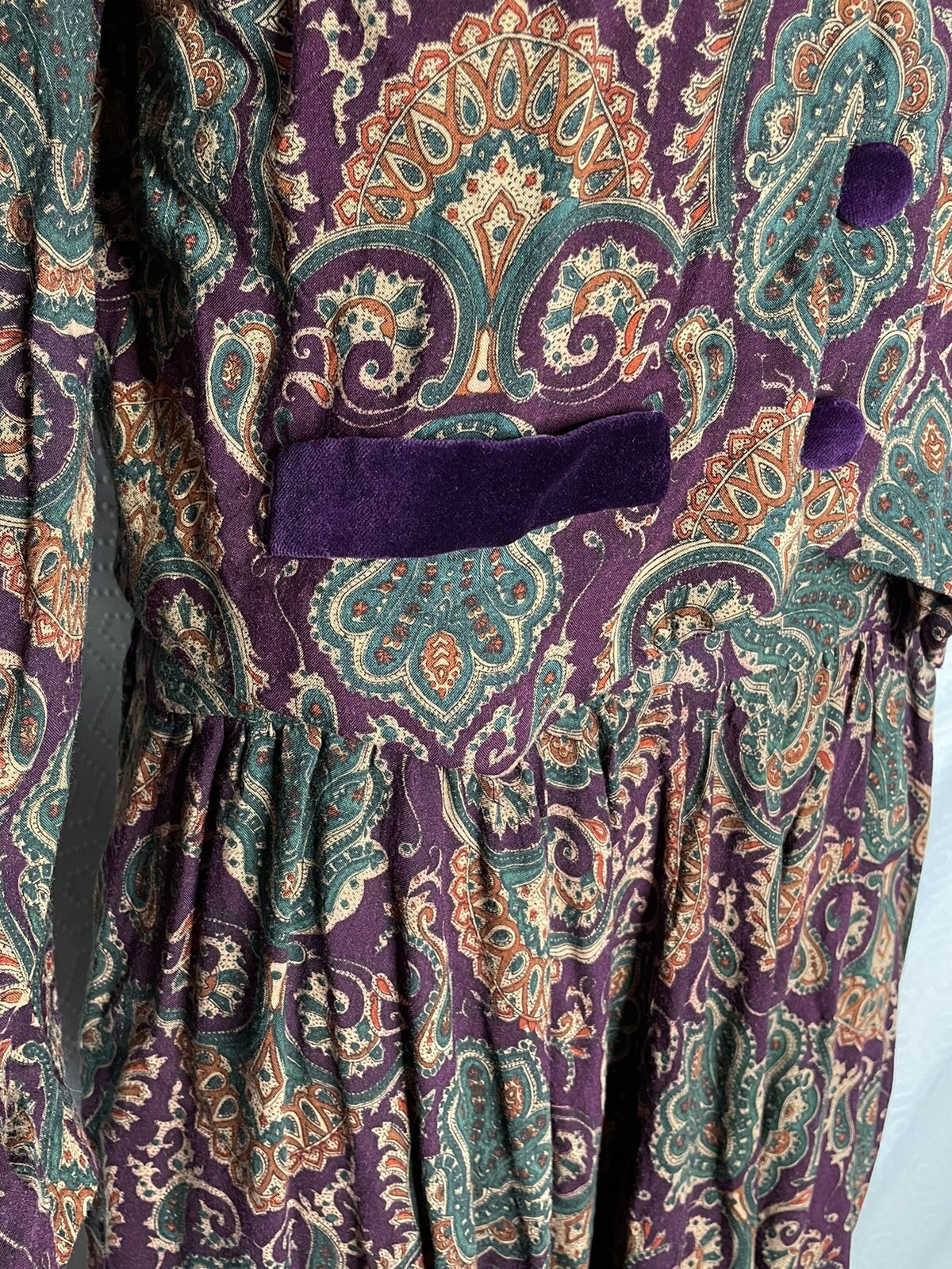 Karin Stevens 80s Vintage 2 Pc Midi Dress 14 Paisley Velvet Collar Jewel Tones