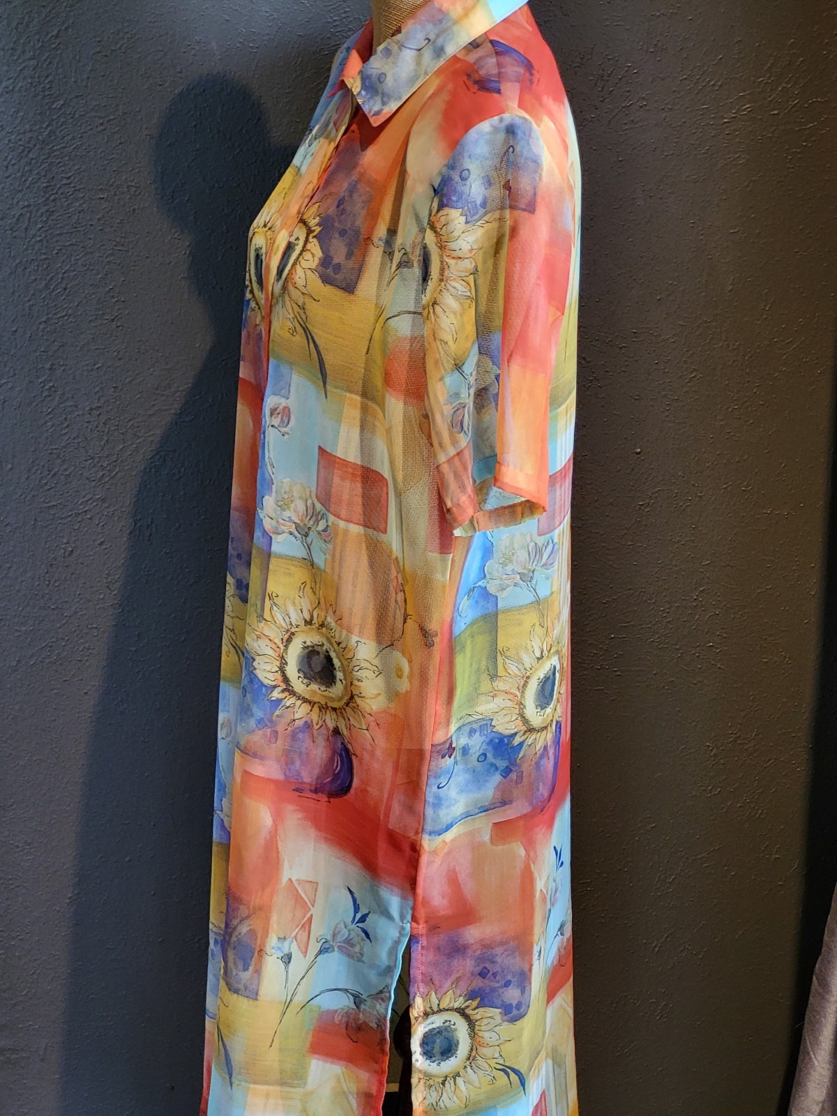 Sea Suns Vtg 80s Sheer Sunflower Themed Maxi Shirt Dress Medium