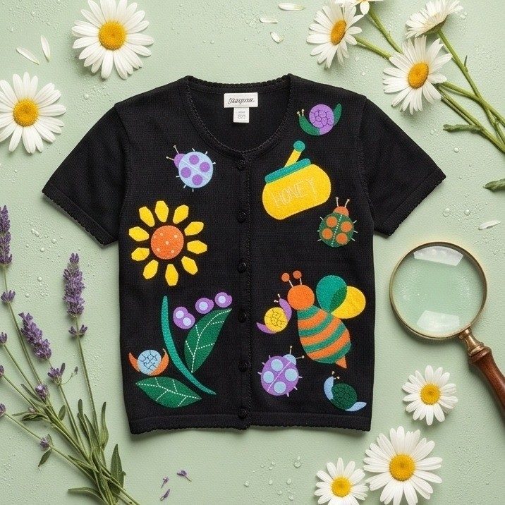 Side Effects of California XL Vintage 90s Garden Bee Snail Cardigan Black NWT