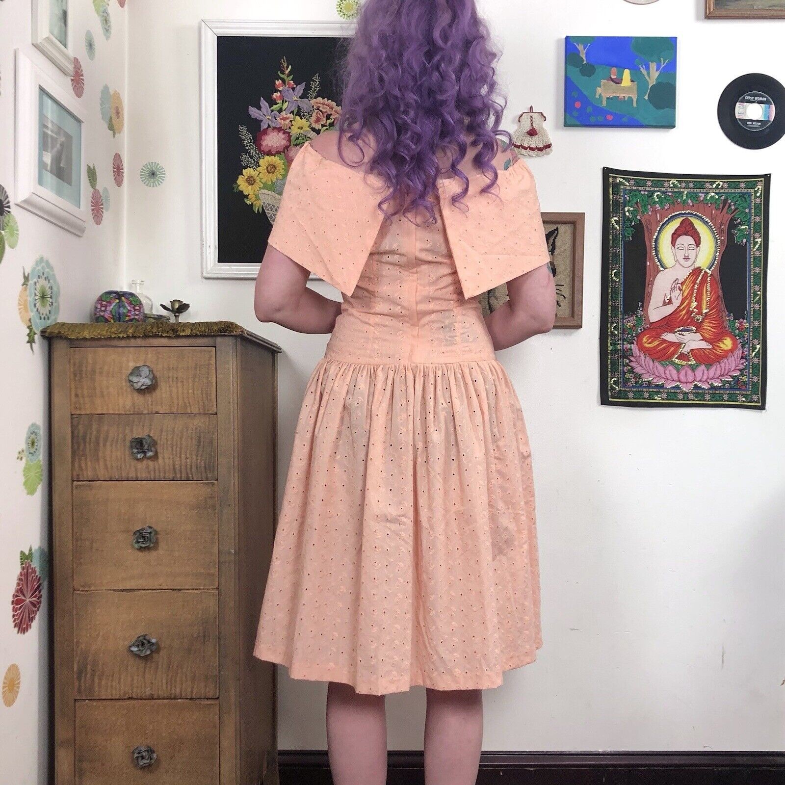 Vintage Eyelet Dress, 1980s Peach Cotton Cottagecore Dress, Off-Shoulder Size S