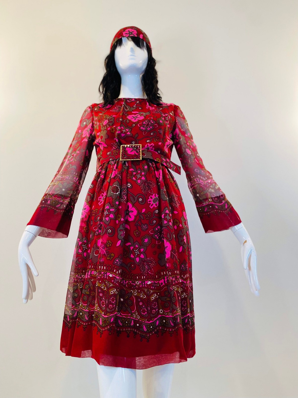60s Adele Simpson Silk Flower Power Chiffon Dress with Belts and Sash Ensemble