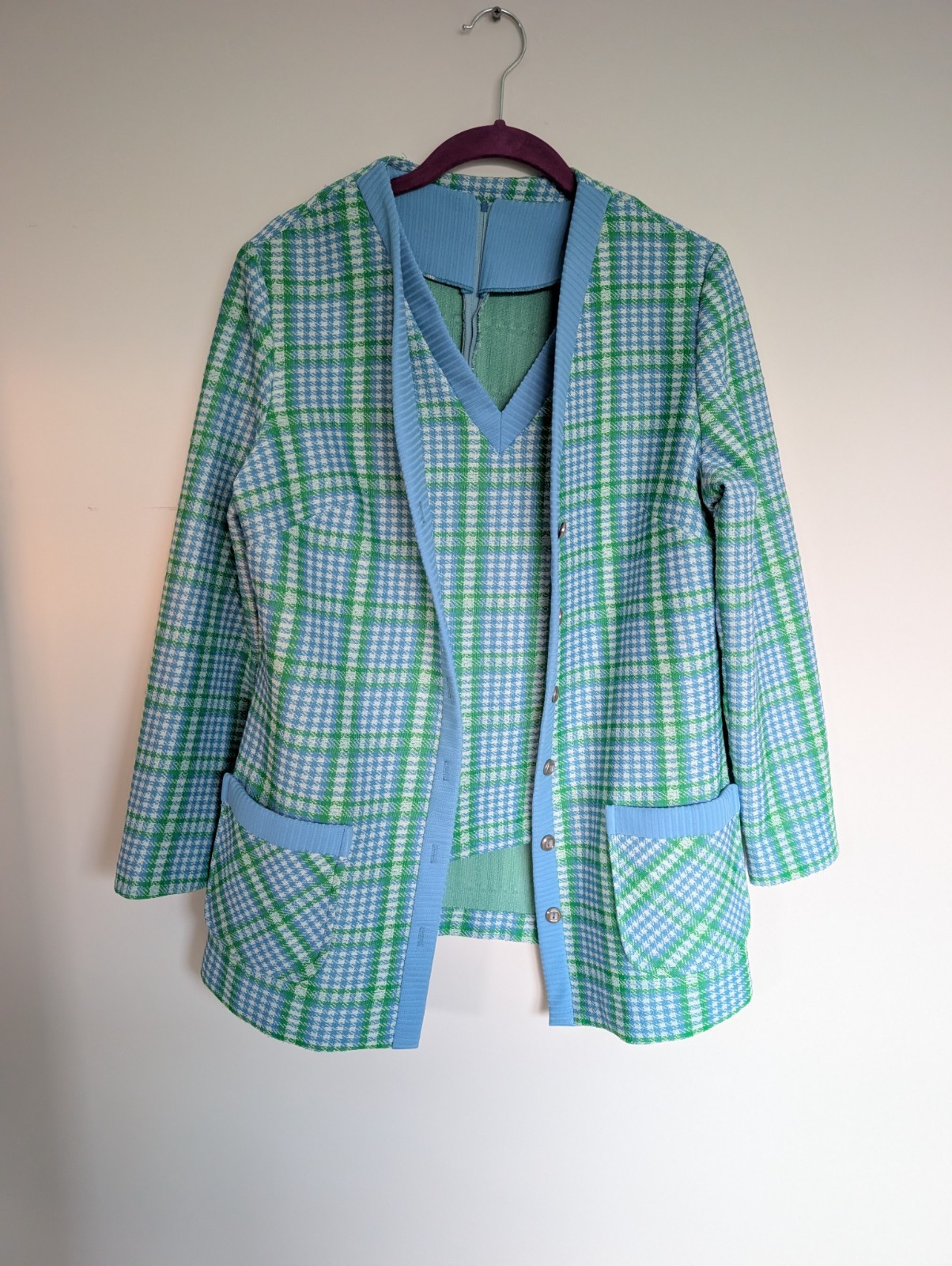 Vintage 1970s Marty Gutmacher blazer green blue plaid polyester knit Encron
