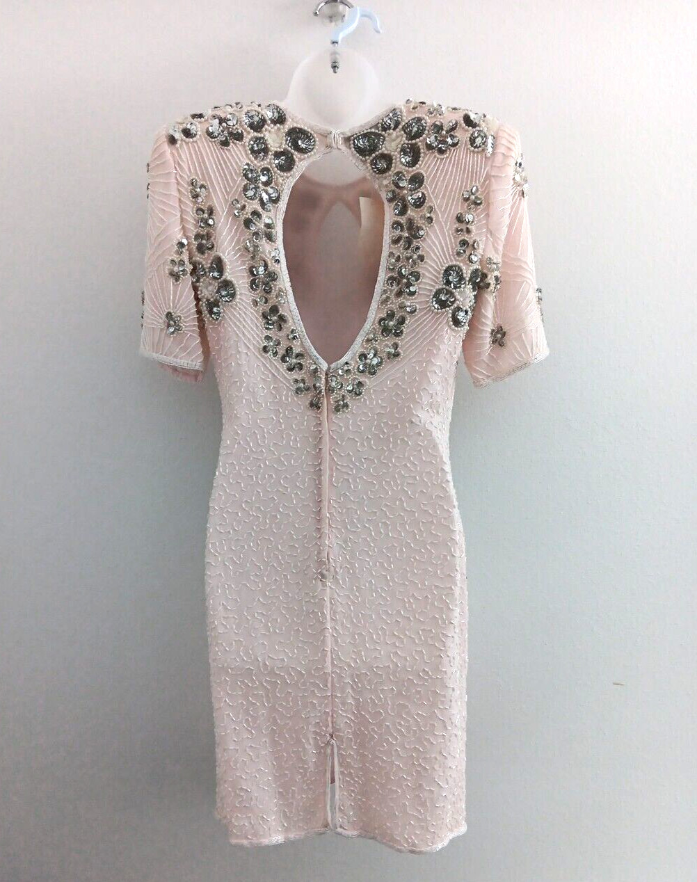 Jennifer Evening Gown Medium Light Pink Midi Silk Bead Sequin Keyhole NEW Bridal