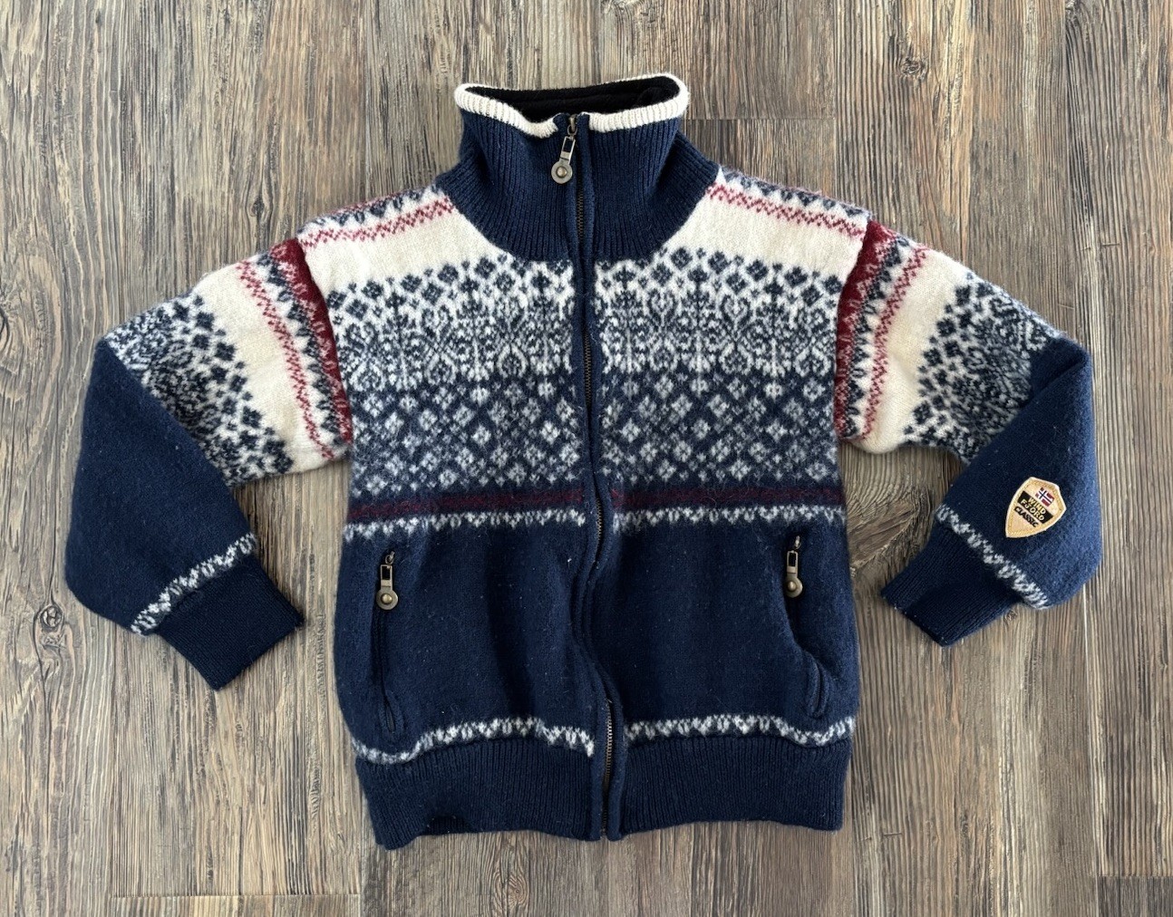 Vtg Windfjord Classic Bergen Norway Pure Wool Sweater S Full Zip Blue Red White