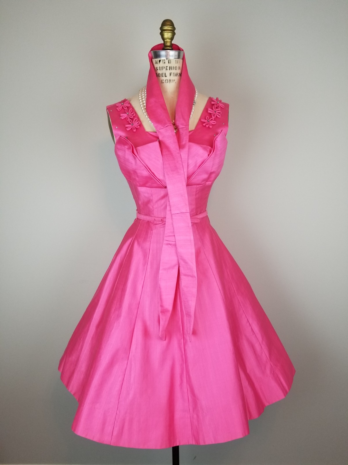 Vintage 1960’s Hot Pink Party Dress Rhinestone & Floral Details Ladies Size Sm
