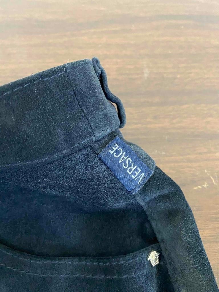 Vintage 1990s Versace Logo Jeans Couture Dark Blue Suede Mini Skirt Size 30/44