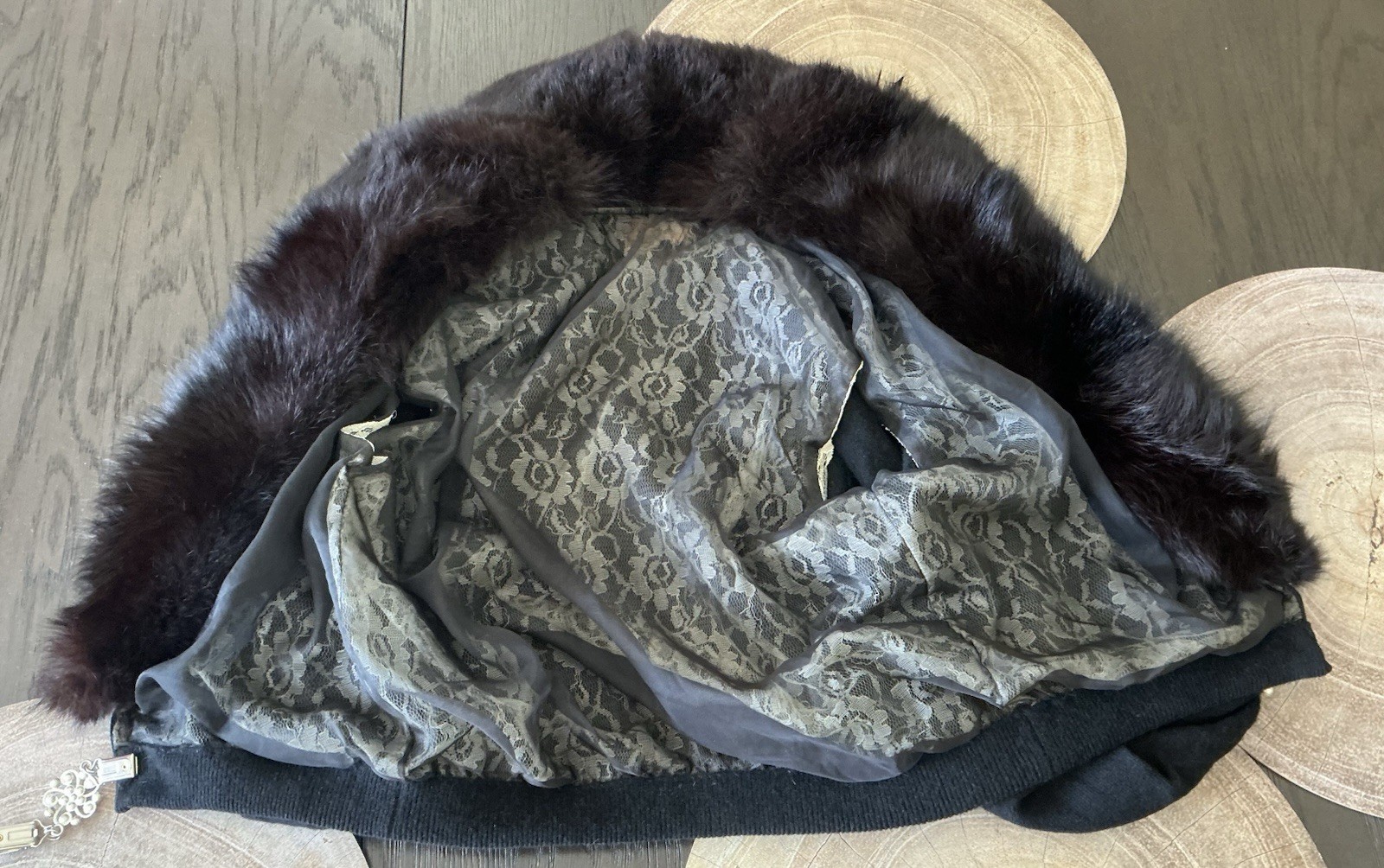 Vtg 50s Bonnie Briar Angora Wool Black Cardigan , Genuine Fur Stole Collar S