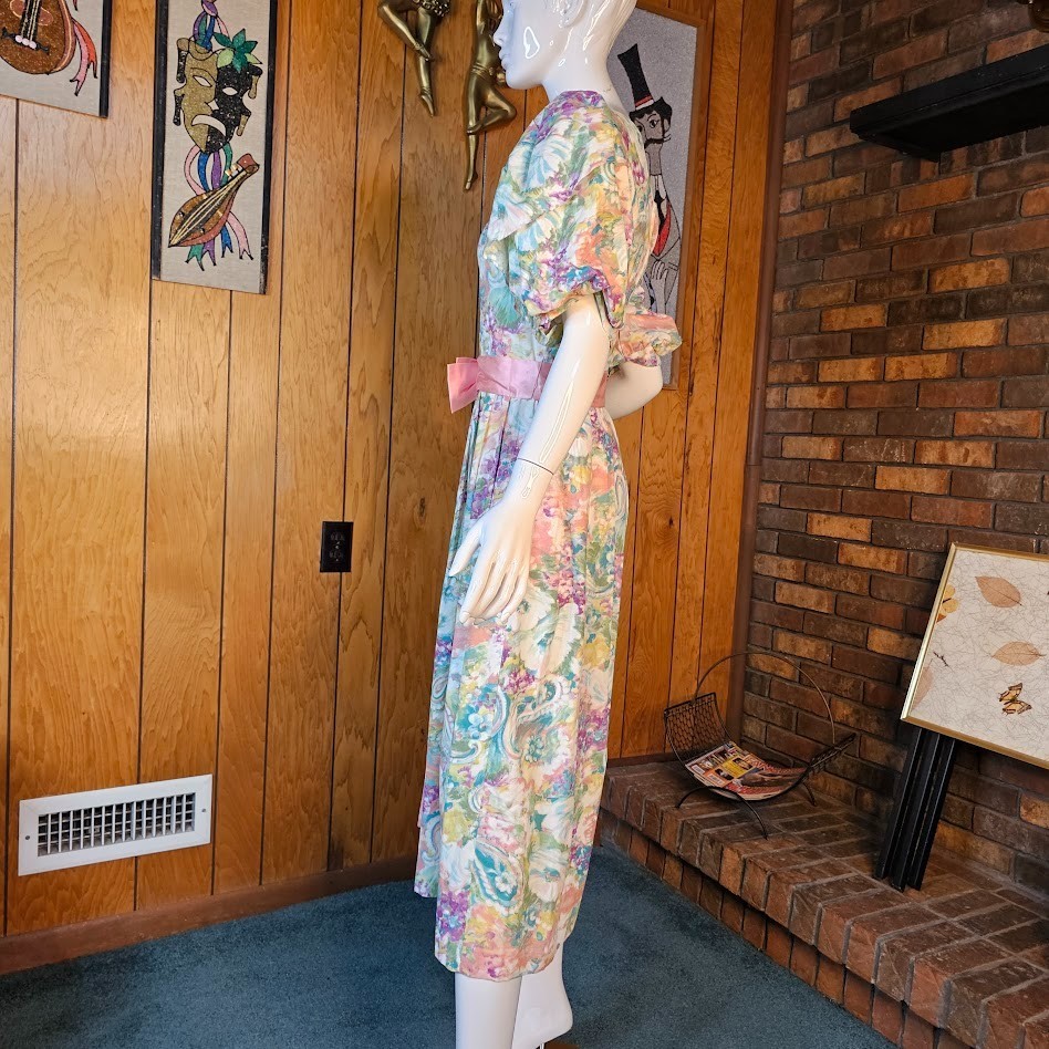 Vtg 80s Fever Dream Floral Romantic Garden Party Belted Bow Volup Tea Dress M/L