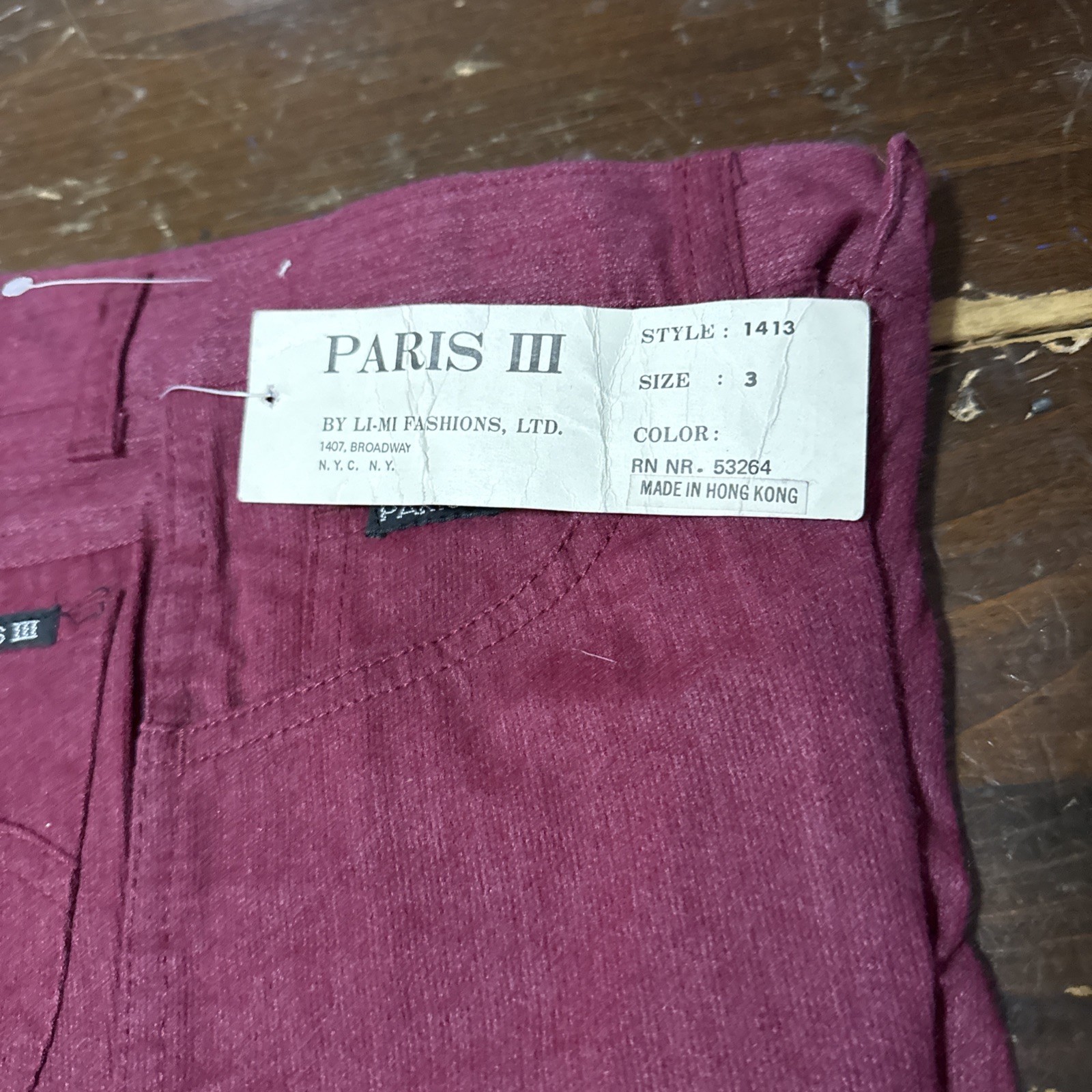 VTG 70’s 80’s PARIS 111 DEADSTOCK DENIM JEANS MAROON DEEP RED W/ TAGS SIZE 3 NOS