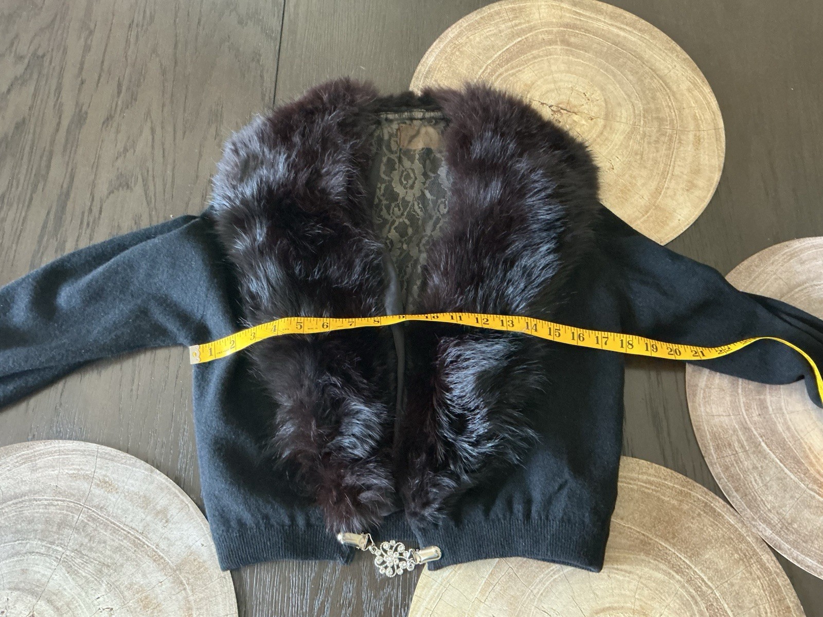 Vtg 50s Bonnie Briar Angora Wool Black Cardigan , Genuine Fur Stole Collar S