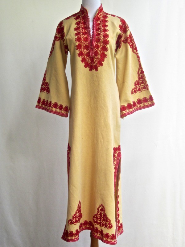 RARE Vtg 60s 70s Tribal Hippie Festival Dashiki Dress Heavy Red Embroidery S/M