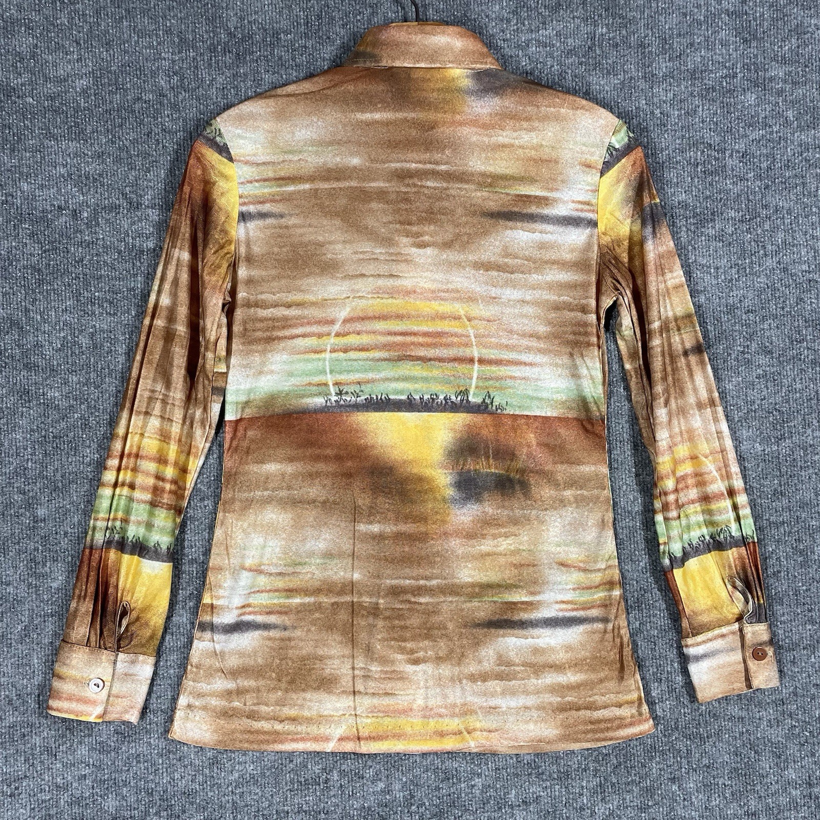 VINTAGE 70s Disco Shirt Womens S Floral Hippie Nik Nik Photo Landscape Dagger