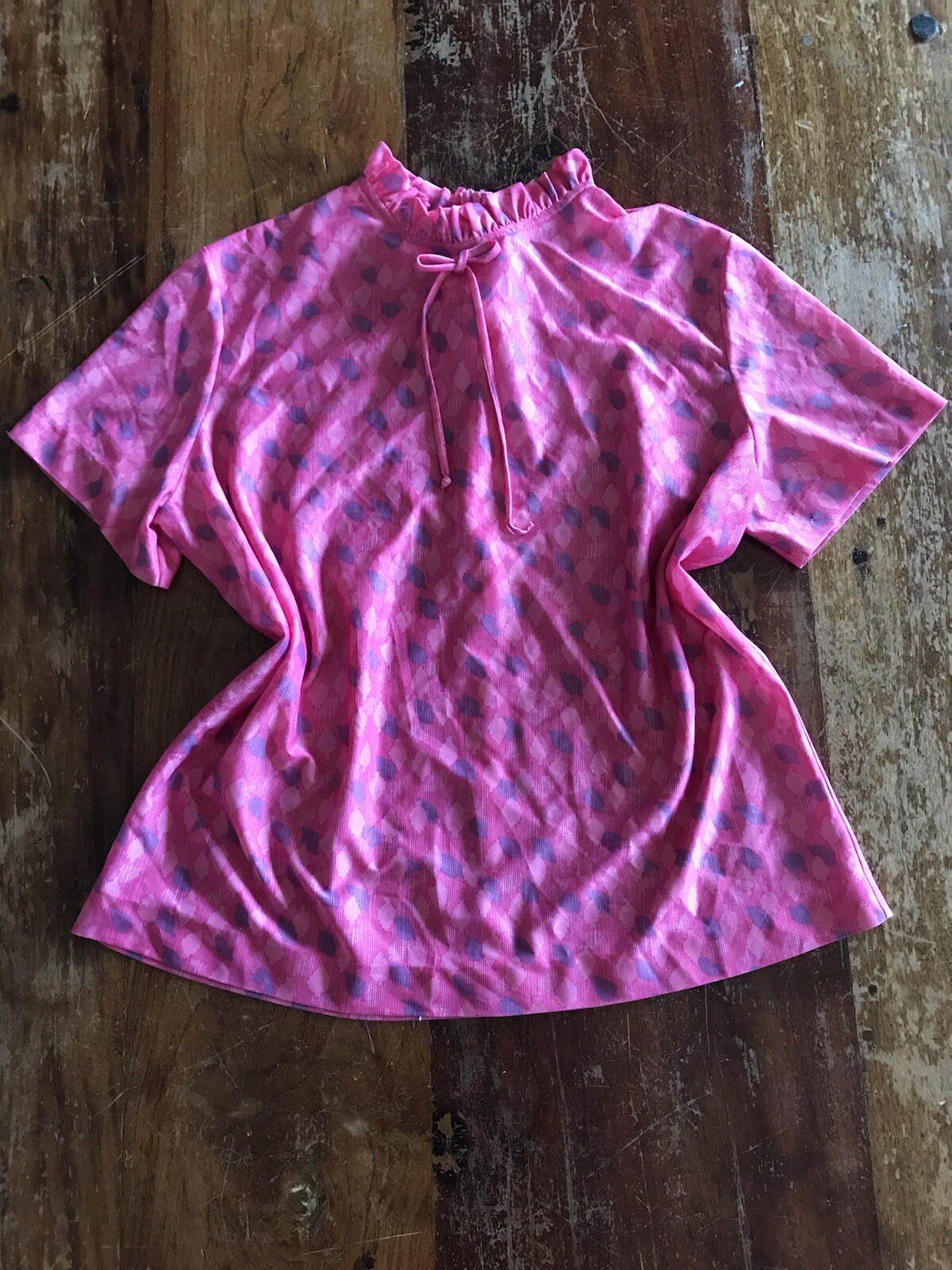 Vtg 70s pink periwinkle secretary blouse ruffle collar bow tie bright office