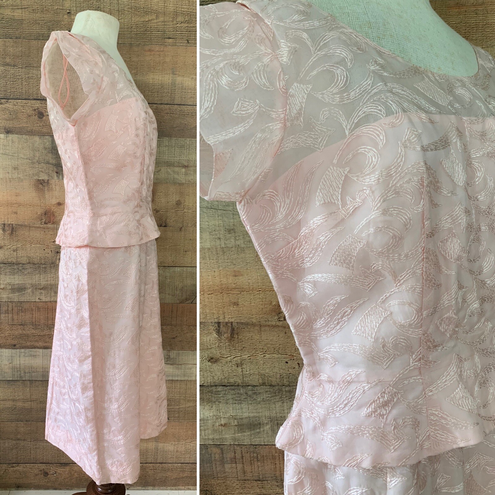 Vintage 1950s Pink Embroidered Sheer Peplum Cocktail Evening Dress Size M/L