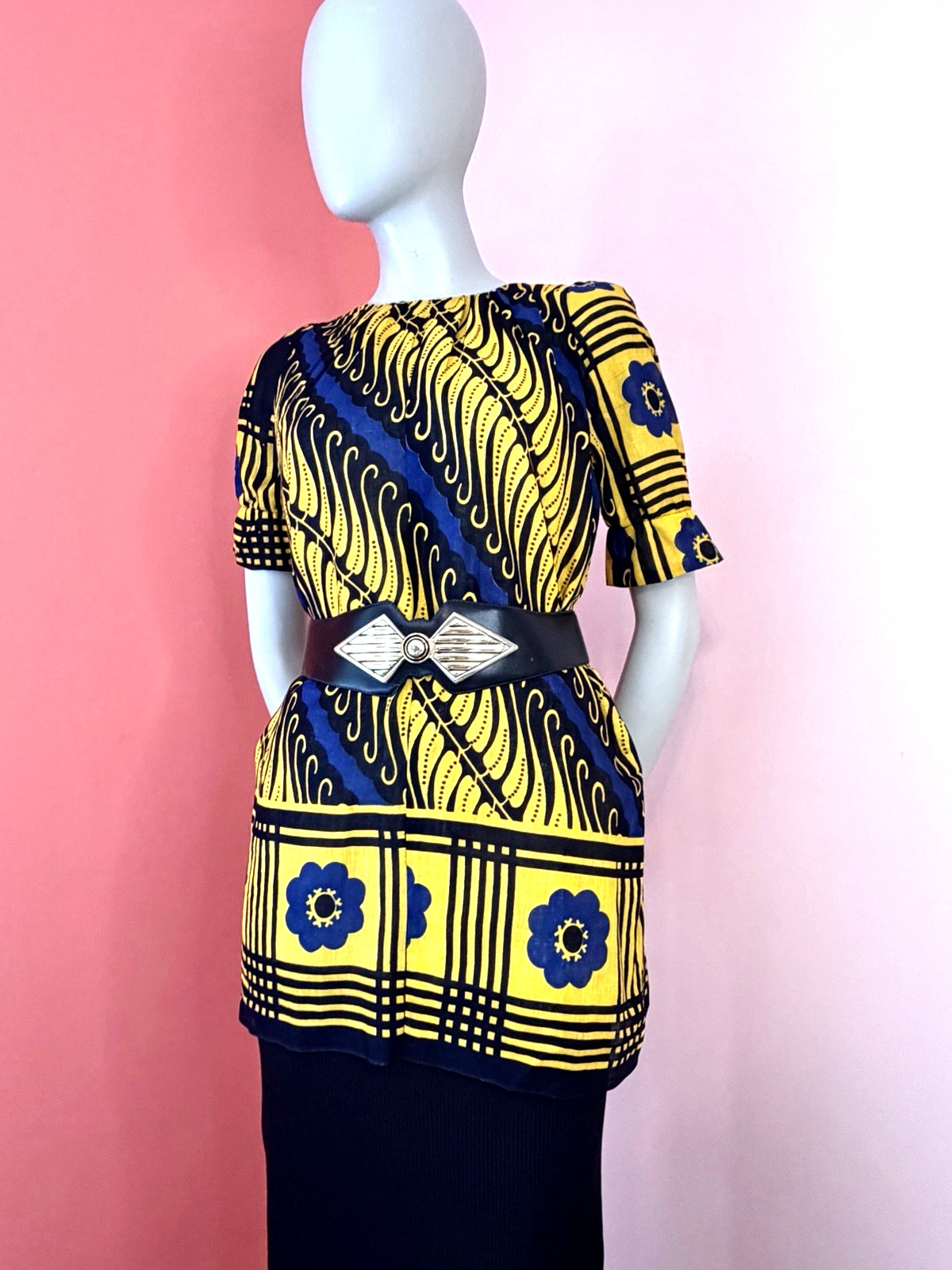 VTG 60s 70s Mod Tunic Top Blue Yellow Floral Graphic Print Flower gogo hippie L