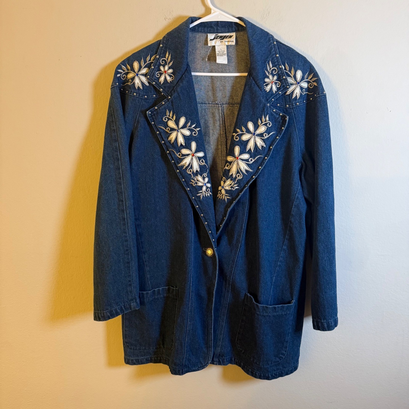 Jenjen by Darian Vintage Blue Denim Floral Embroidered Blazer Jacket Large