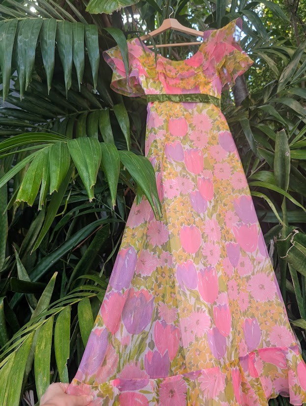 60s 70s garden party dress floor length made in USA fairy flouncy floral pink