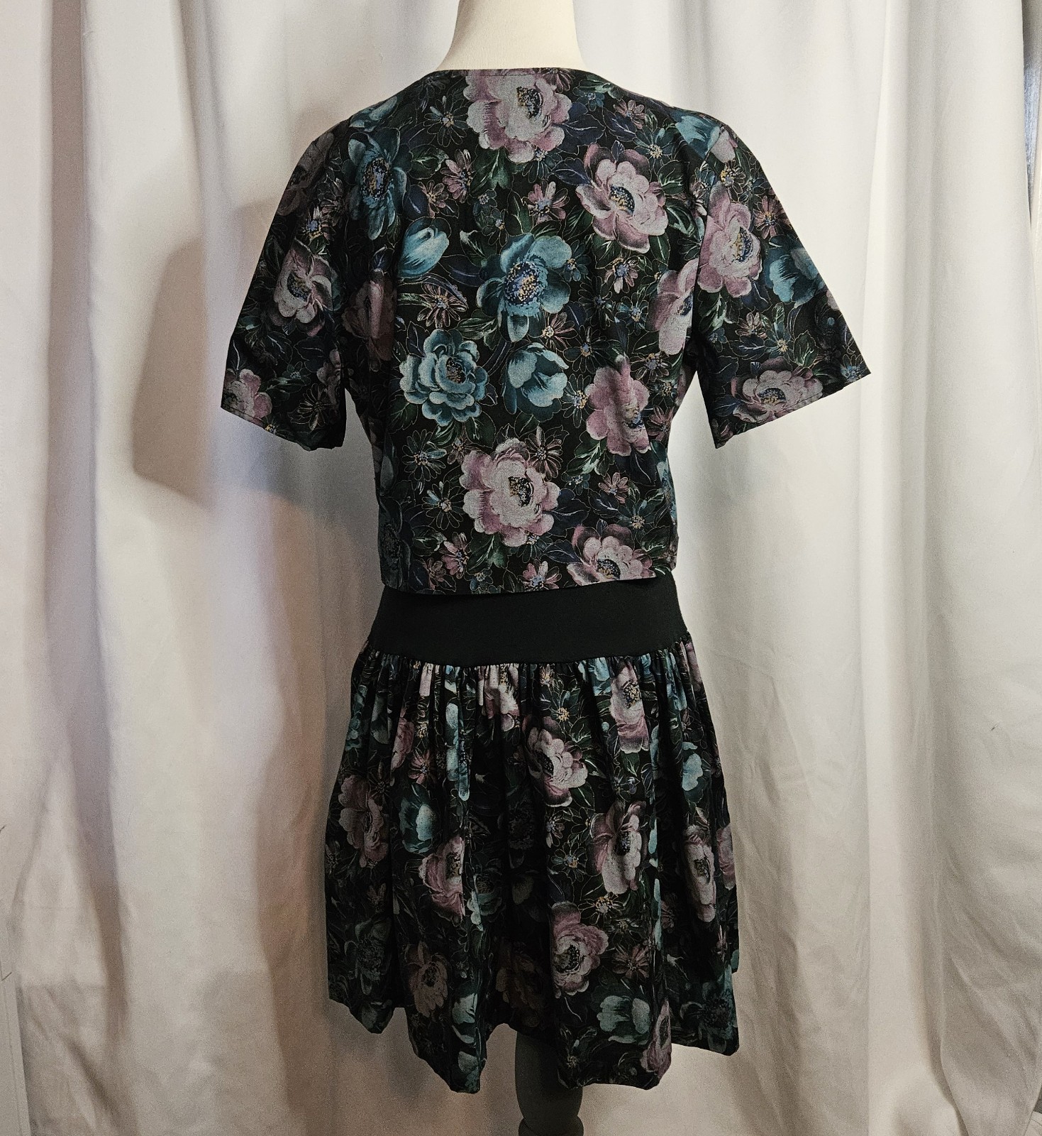 Vintage 80s Glenfrey Fashions Purple Floral Mini Dress 2 Piece Look Sz 7/8