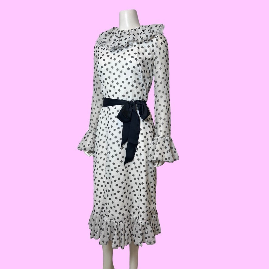 Vintage 1960s 1970s Jean Allen Jenners Black and White Polka Dot Chiffon Dress