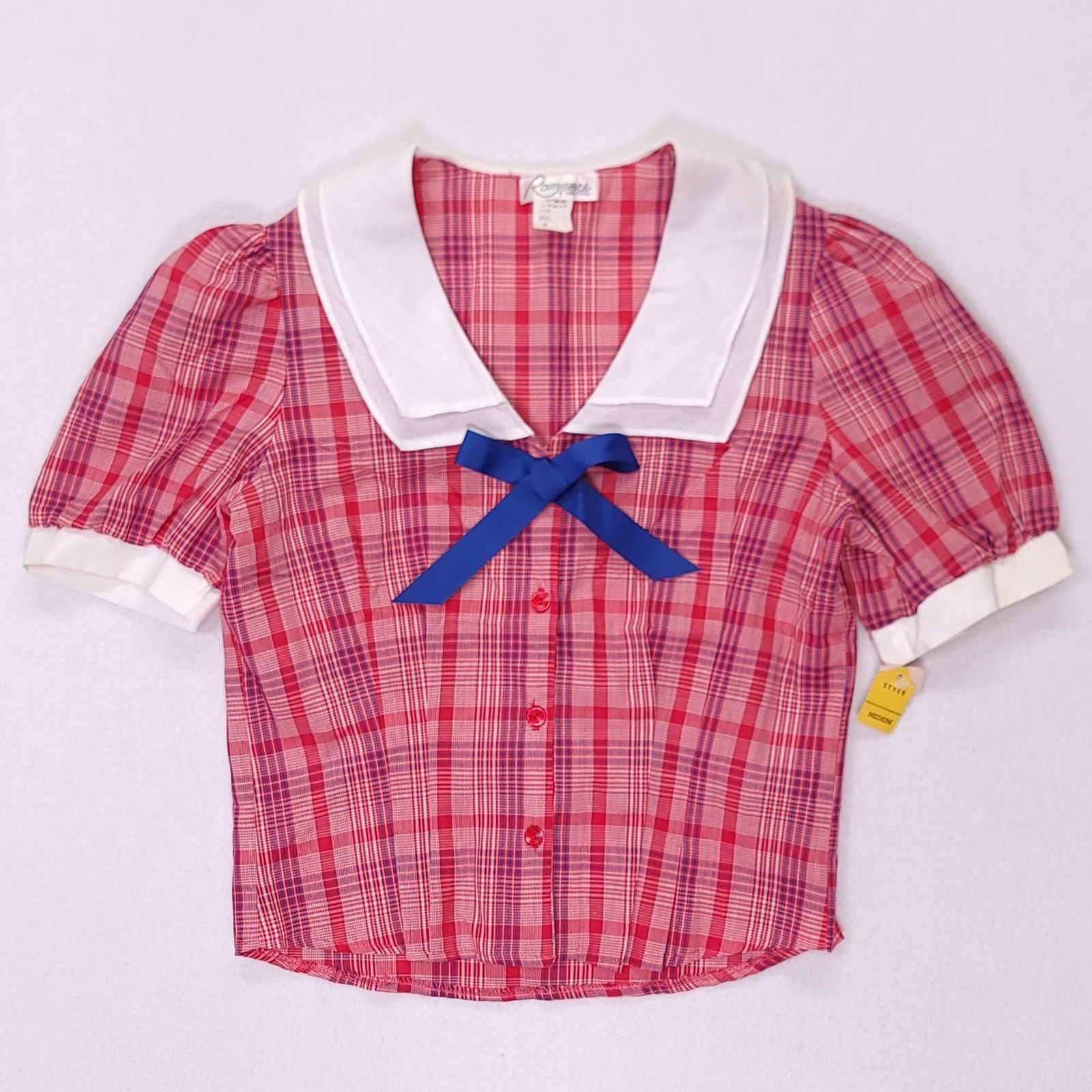 Romance of California Vintage Red Plaid Sailor Collar Blouse Blue Bow Medium