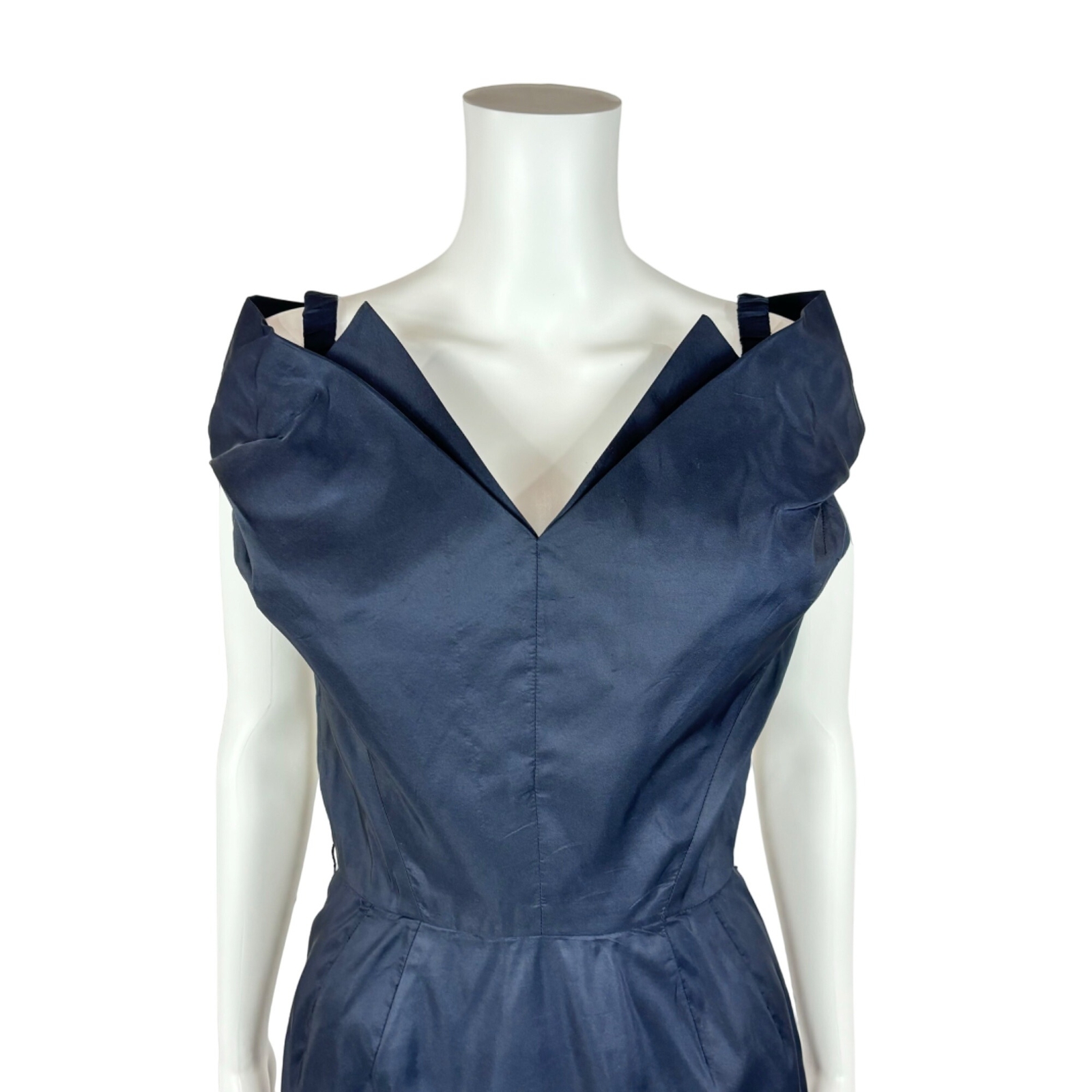 Vintage 50s Cocktail Dress Women’s XXS Winged Bodice Dark Blue Bombshell Pin Up