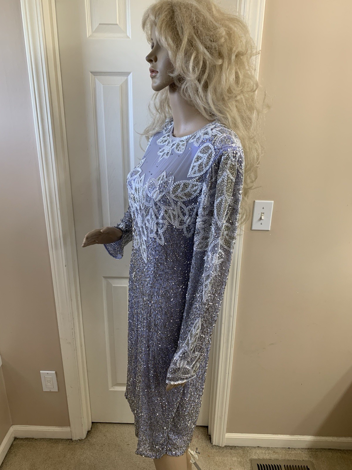 Vintage 80’s Lavender Purple Silver Sequin White Beaded Formal Church Dress