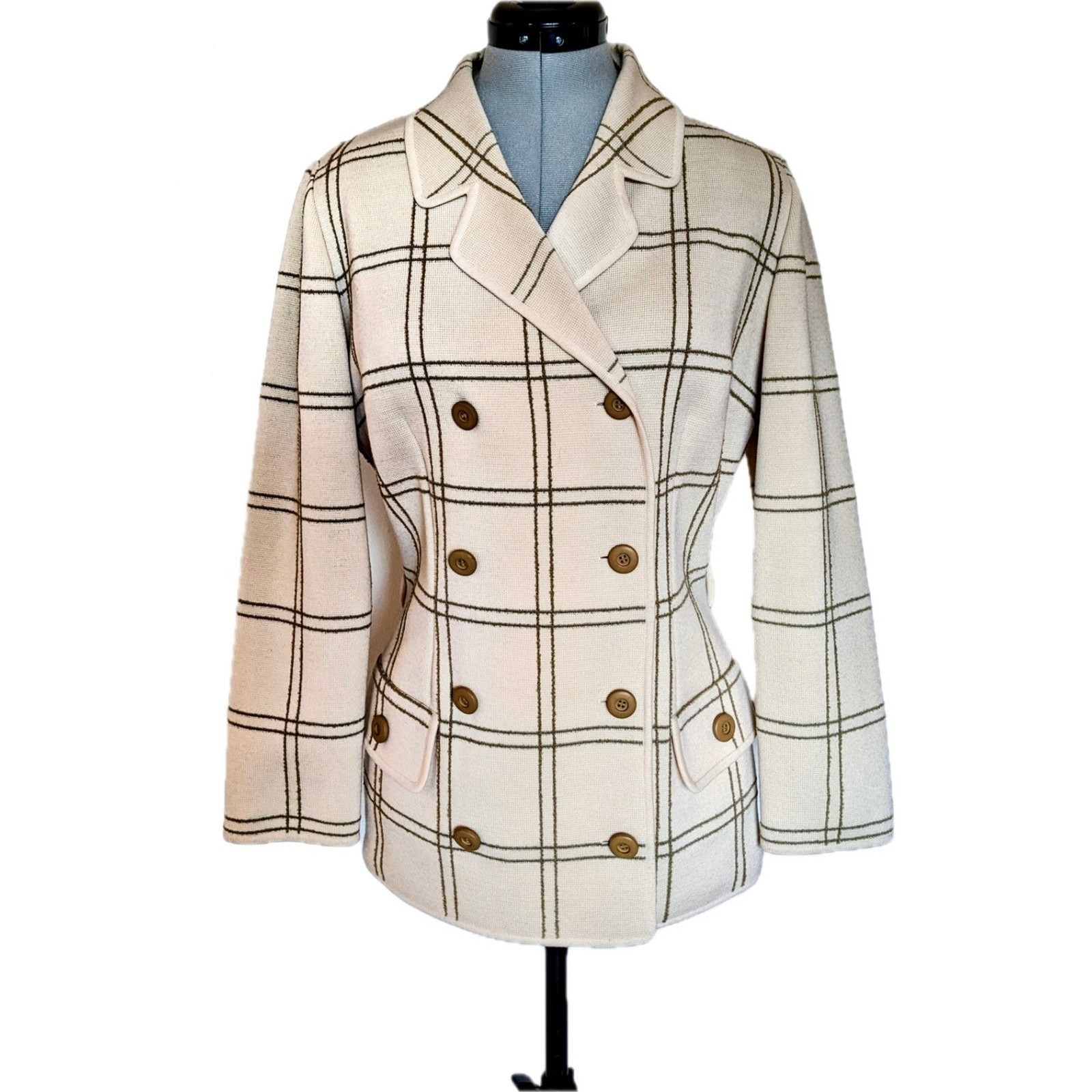 Vtg 60s MOD Gino Paoli MADE IN ITALY Double Breasted Plaid Wool Knit Jacket Sz 4